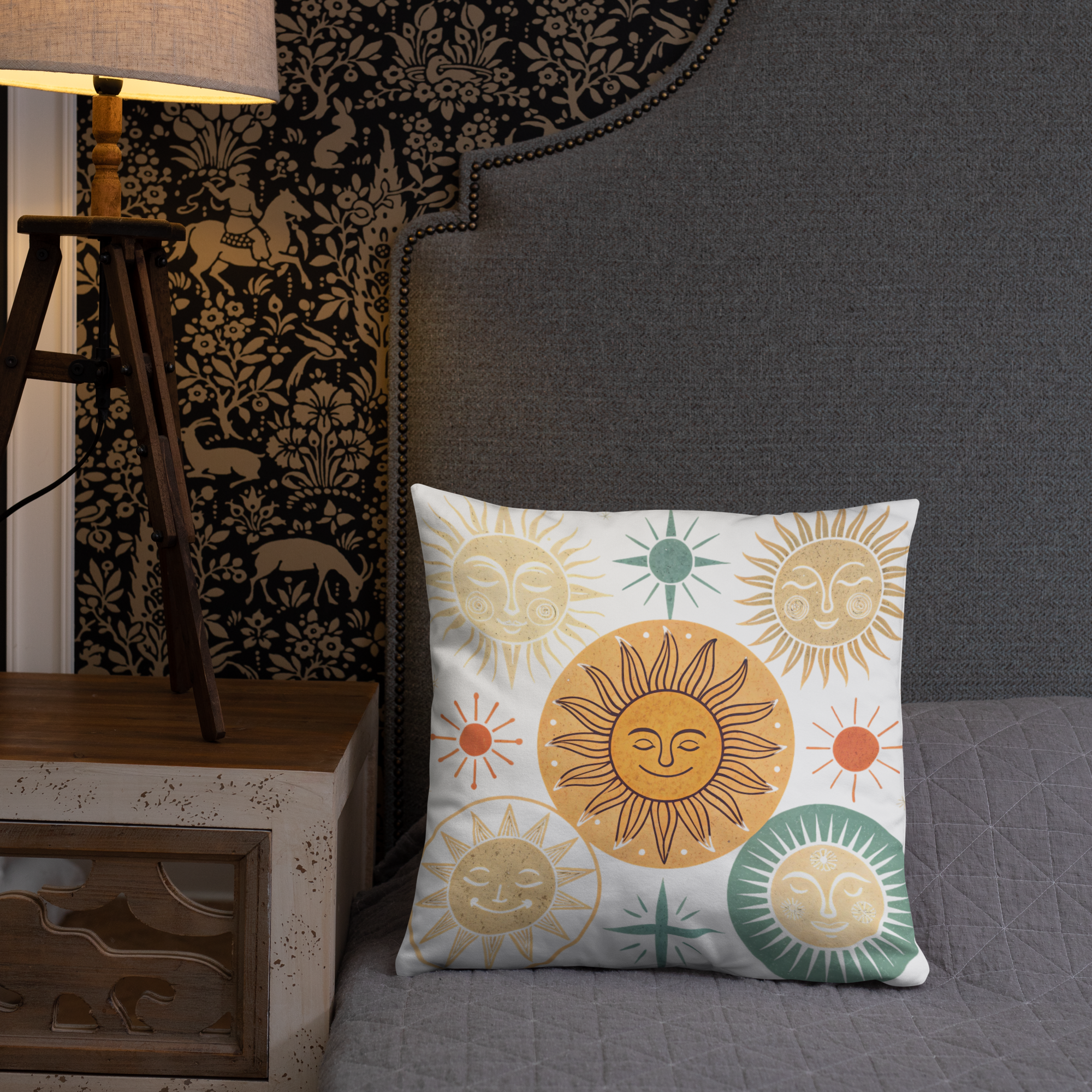 Celestial Sun Throw Pillow – Retro Boho Sun & Star Design | Mystical Astrology-Inspired Home Decor.