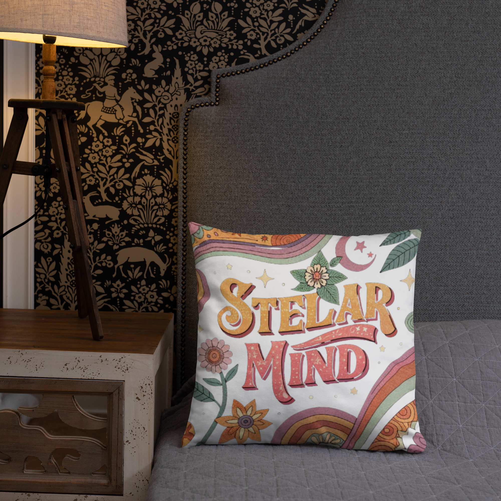 Stellar Mind Throw Pillow – Retro Psychedelic Typography Design | Boho Celestial & Mindful Vibes Decor.