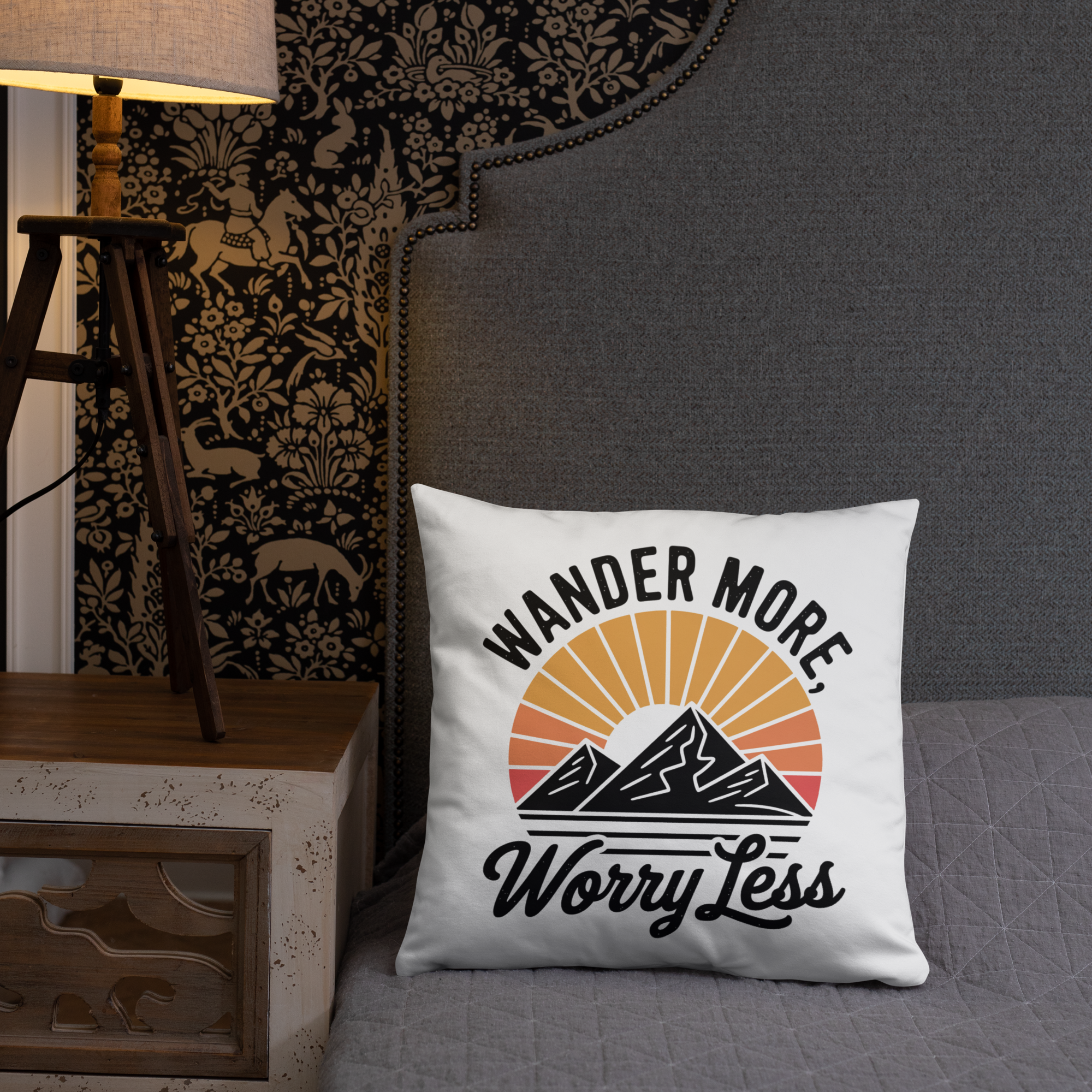Wander More, Worry Less Throw Pillow – Mountain Sunrise Adventure Quote | Rustic Outdoor & Travel-Inspired Decor.