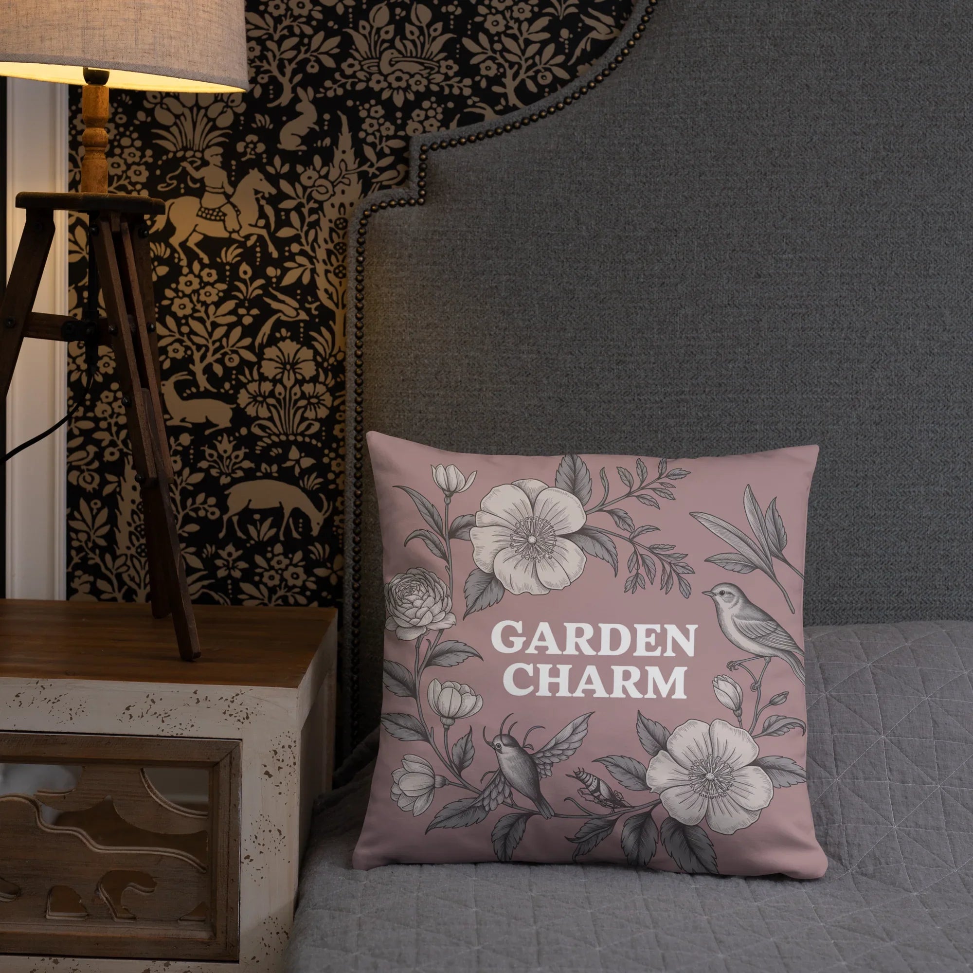 Garden Charm Throw Pillow – Vintage Botanical Floral Design with Birds | Cottagecore & Romantic Nature-Inspired Decor - RaZits