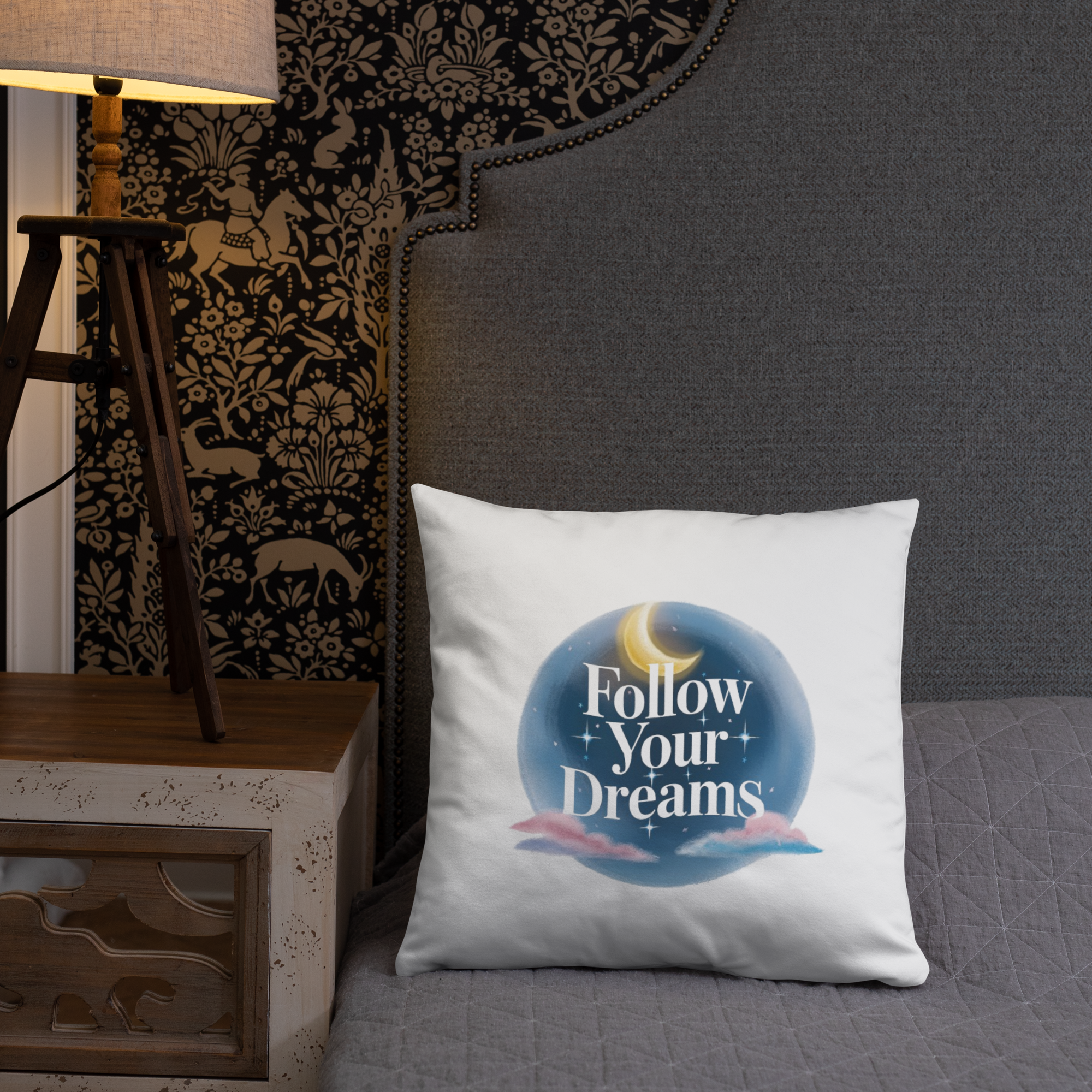 Follow Your Dreams Pillow – Celestial Quote Cushion.