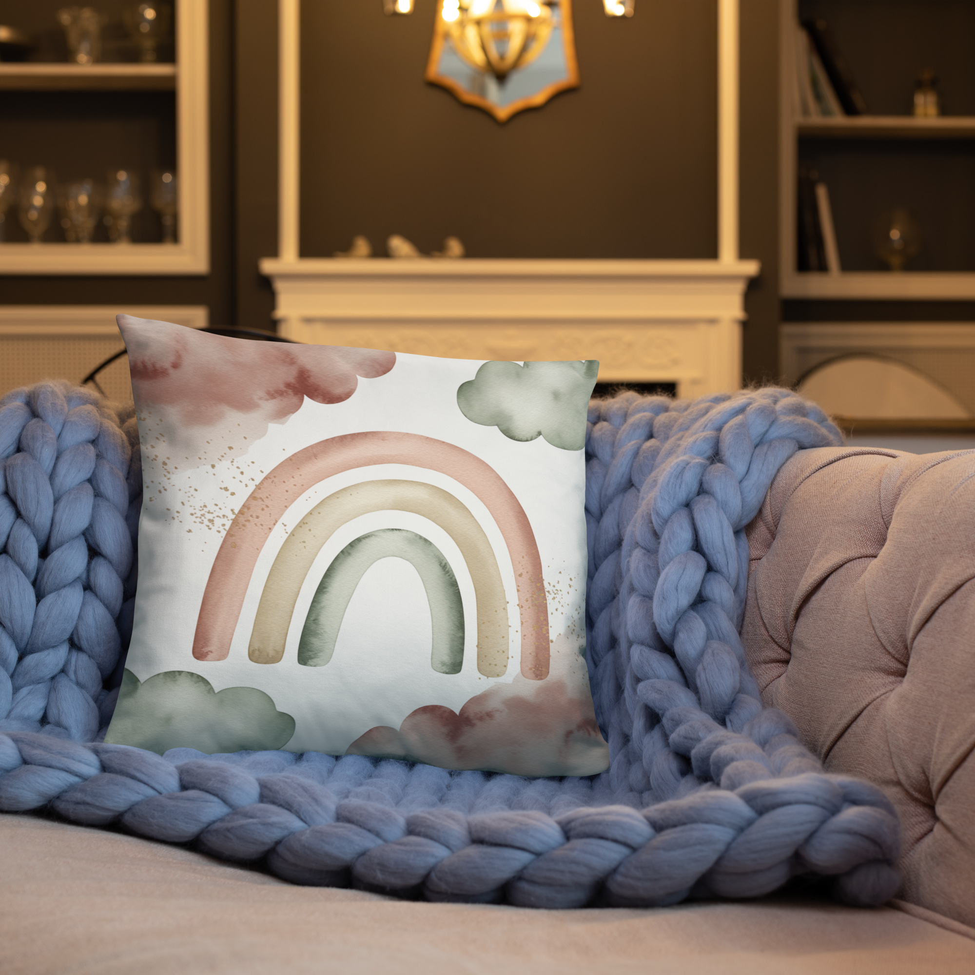 Boho Rainbow Throw Pillow – Pastel Watercolor Clouds & Neutral Tones | Nursery & Minimalist Home Decor.