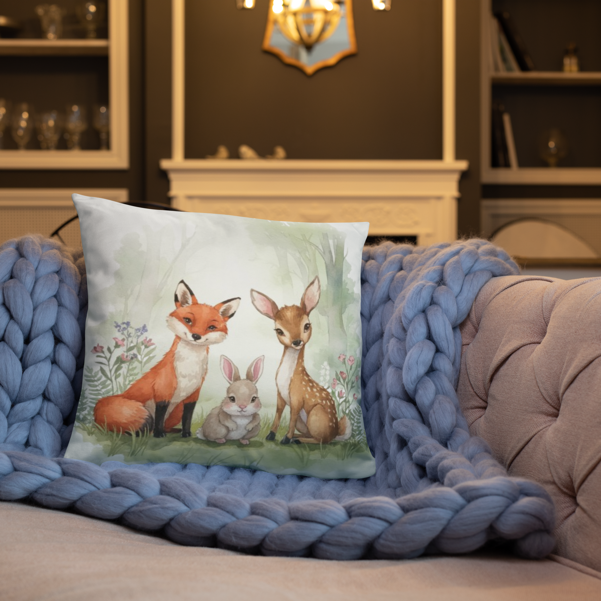 Woodland Animals Throw Pillow – Fox, Bunny & Deer Watercolor Design | Nursery Decor & Forest Friends Cushion.