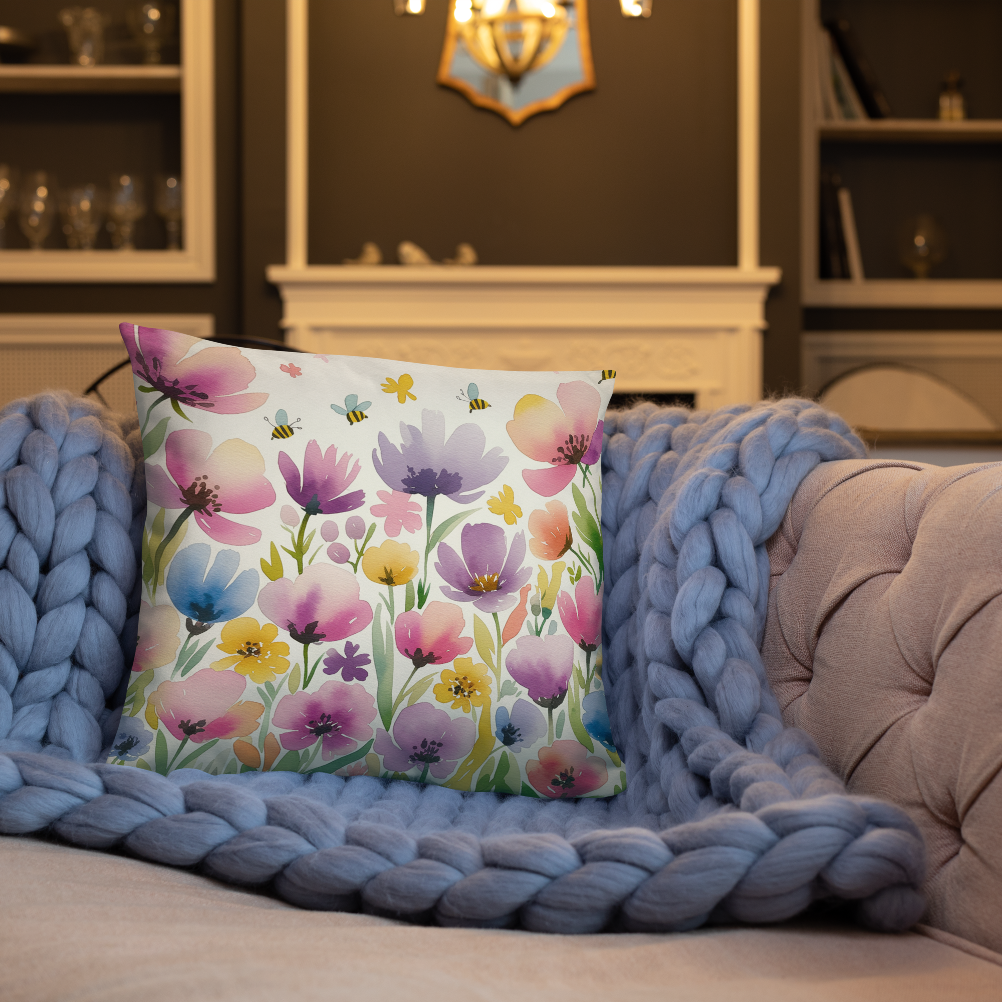 Watercolor Wildflower Throw Pillow – Colorful Floral & Bee Design | Spring & Cottagecore Inspired Decor.