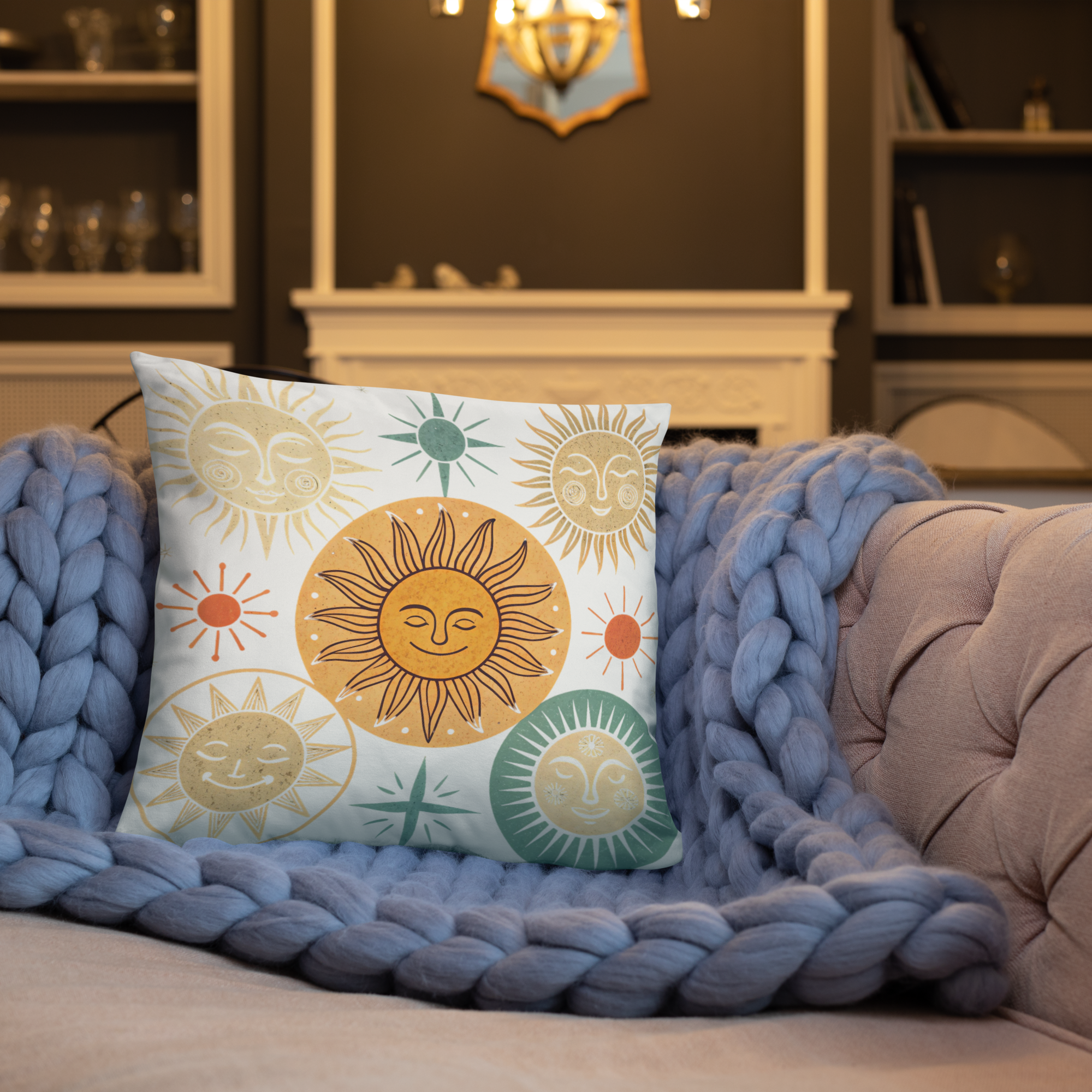 Celestial Sun Throw Pillow – Retro Boho Sun & Star Design | Mystical Astrology-Inspired Home Decor.