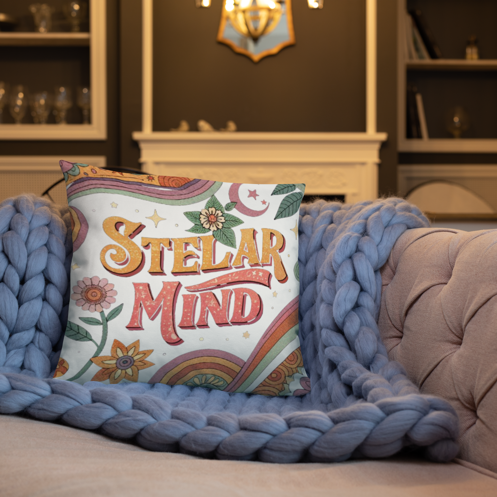 Stellar Mind Throw Pillow – Retro Psychedelic Typography Design | Boho Celestial & Mindful Vibes Decor.