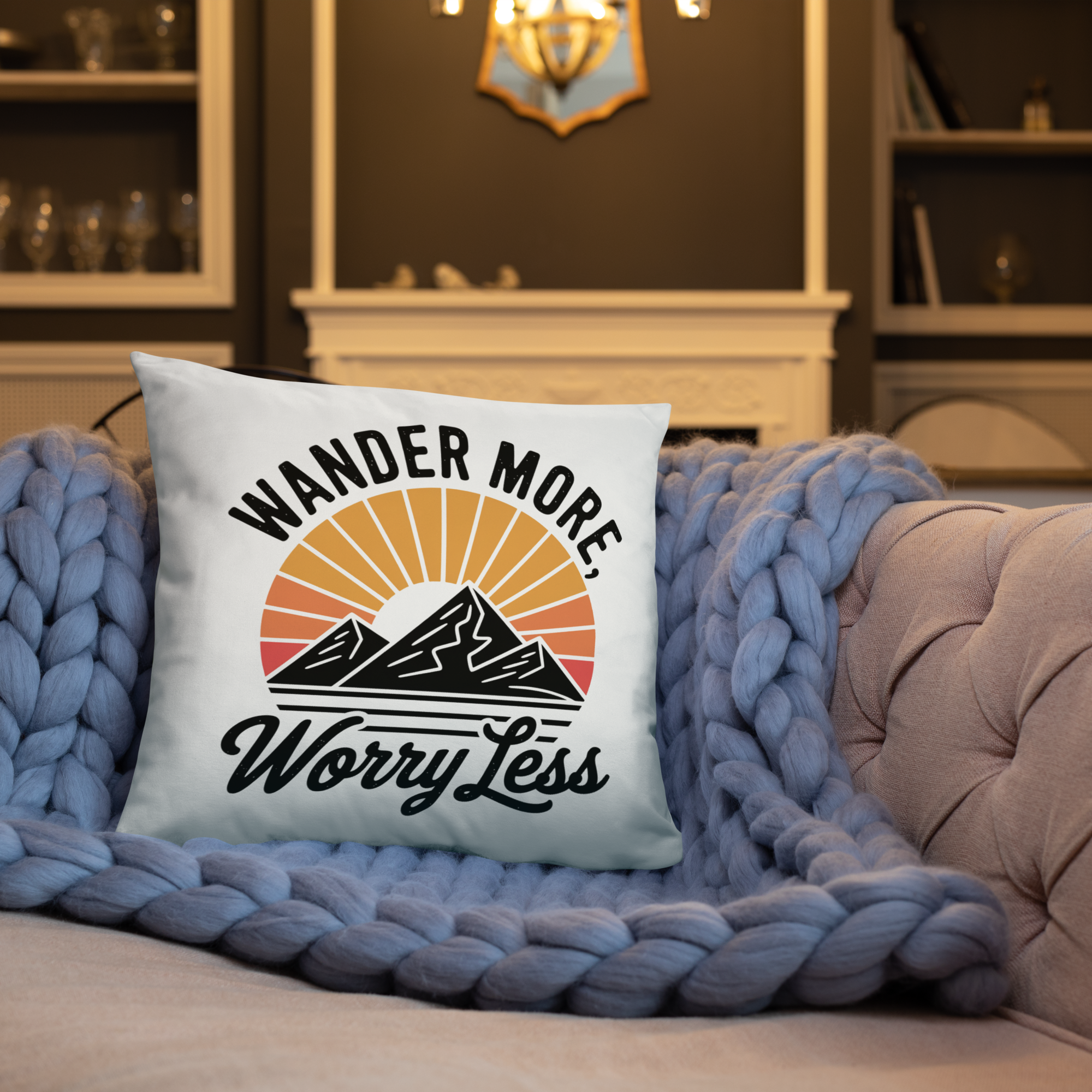 Wander More, Worry Less Throw Pillow – Mountain Sunrise Adventure Quote | Rustic Outdoor & Travel-Inspired Decor.