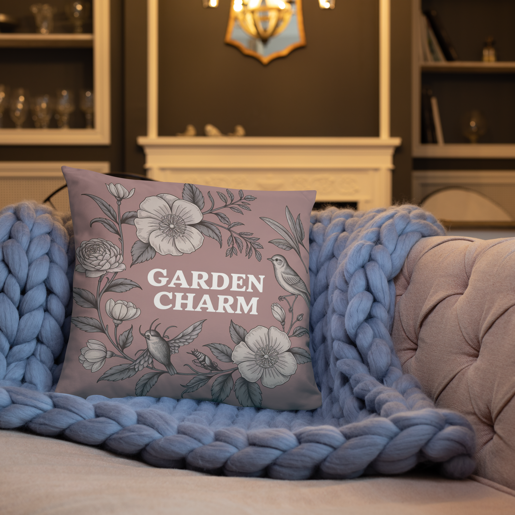 Garden Charm Throw Pillow – Vintage Botanical Floral Design with Birds | Cottagecore & Romantic Nature-Inspired Decor.