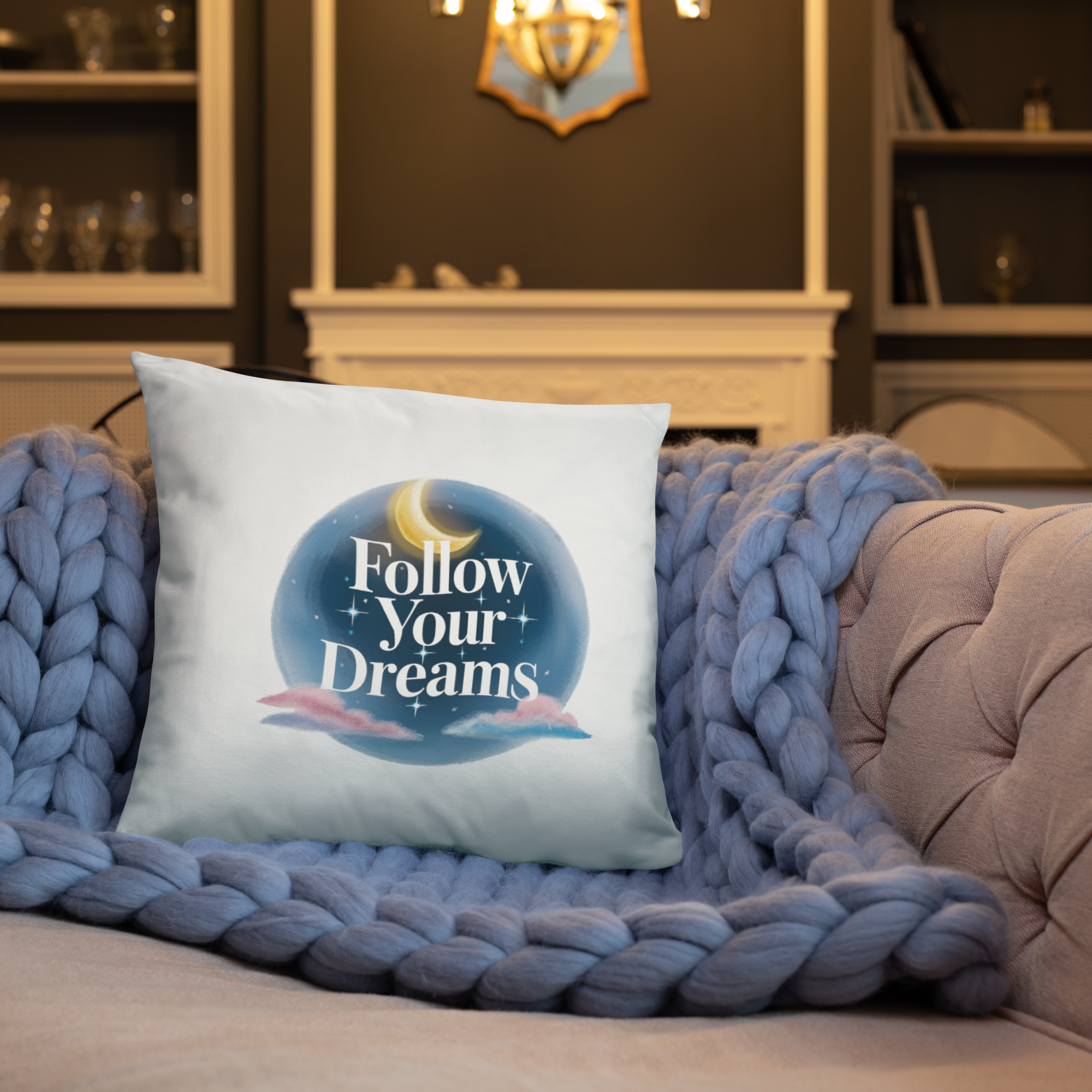 Follow Your Dreams Pillow – Celestial Quote Cushion.