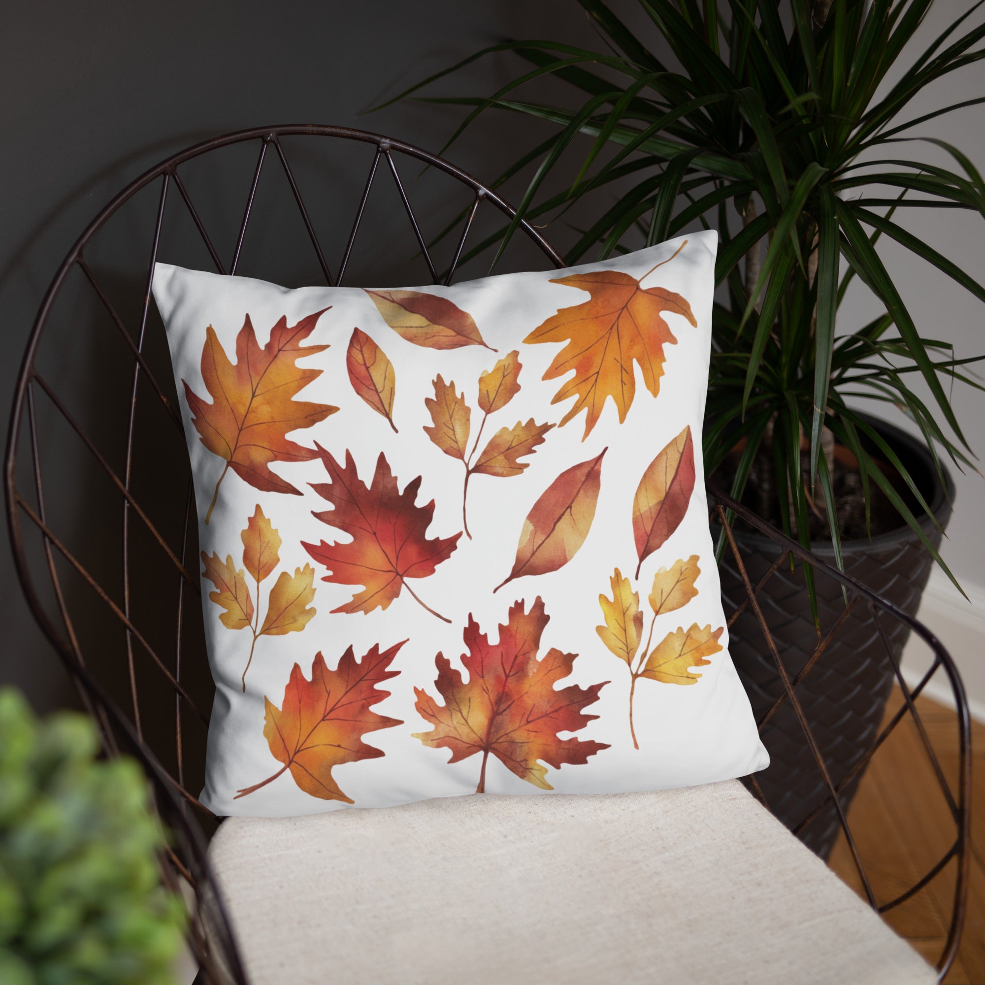 Fall Leaves Throw Pillow – Watercolor Autumn Leaf Print | Cozy Seasonal Cushion for Rustic & Thanksgiving Decor.