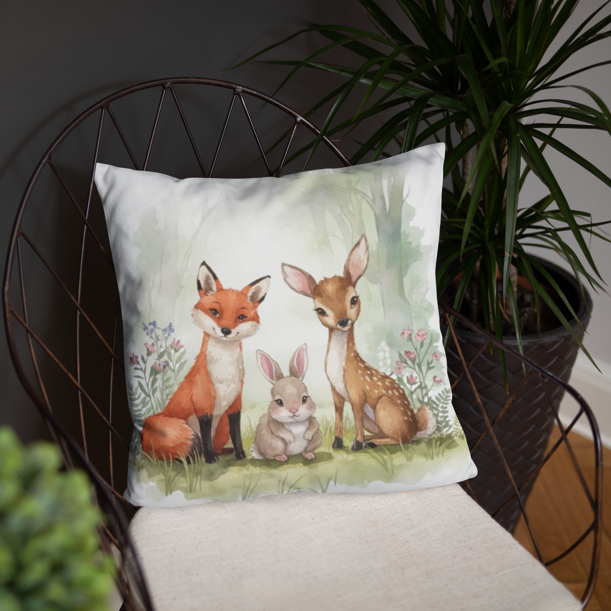 Woodland Animals Throw Pillow – Fox, Bunny & Deer Watercolor Design | Nursery Decor & Forest Friends Cushion.