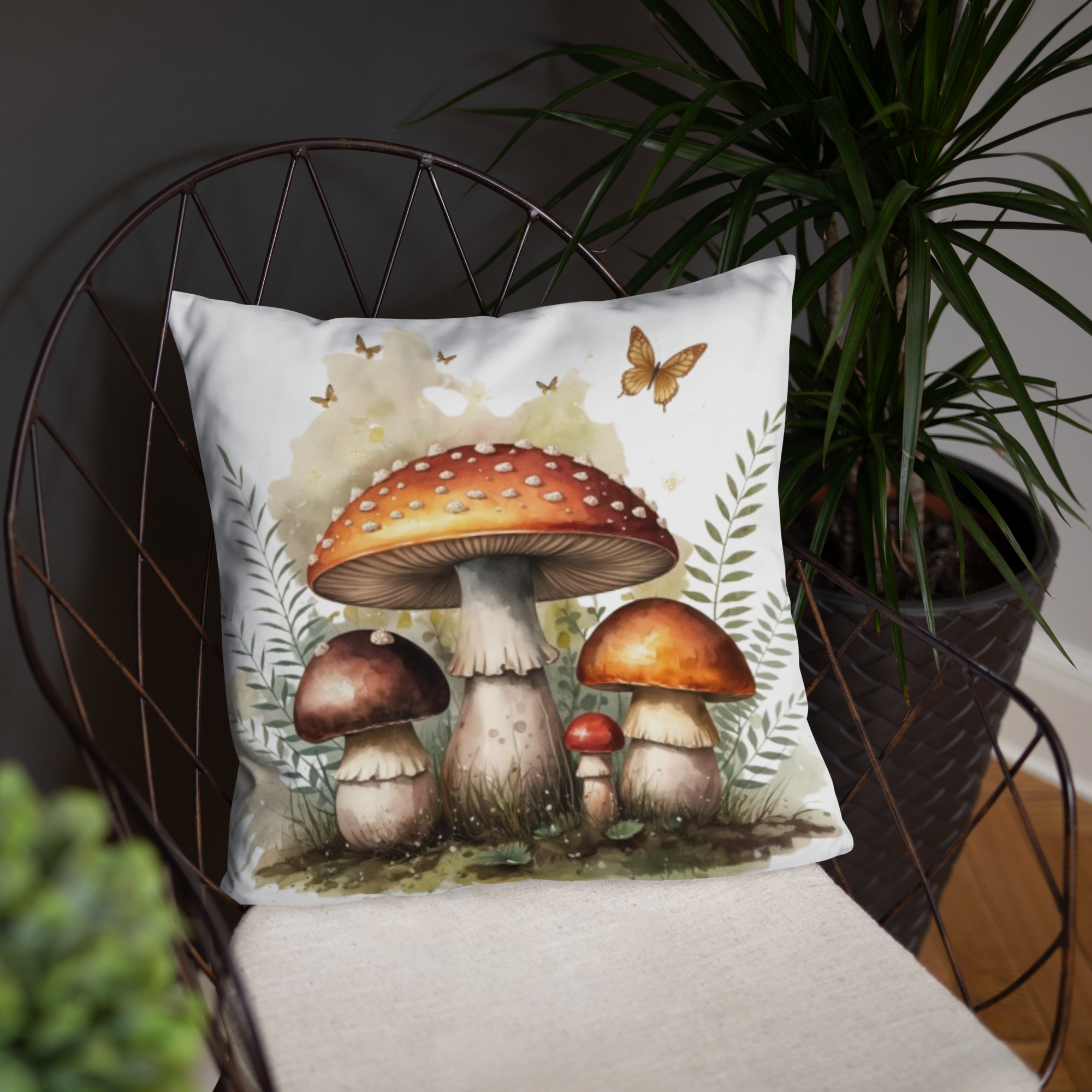 Woodland Mushroom Throw Pillow – Watercolor Toadstool & Fern Design | Cottagecore & Fairycore Forest Decor.
