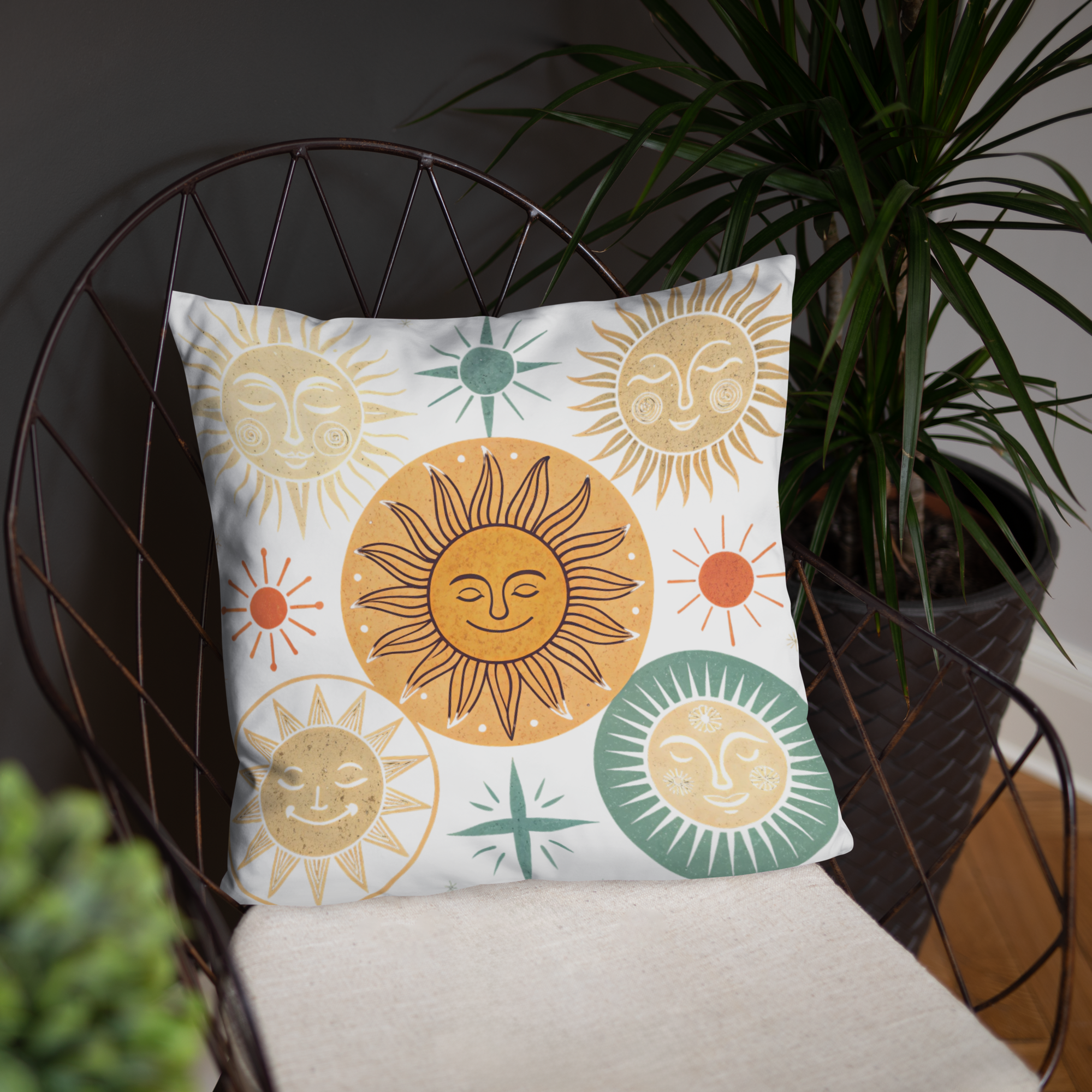 Celestial Sun Throw Pillow – Retro Boho Sun & Star Design | Mystical Astrology-Inspired Home Decor.