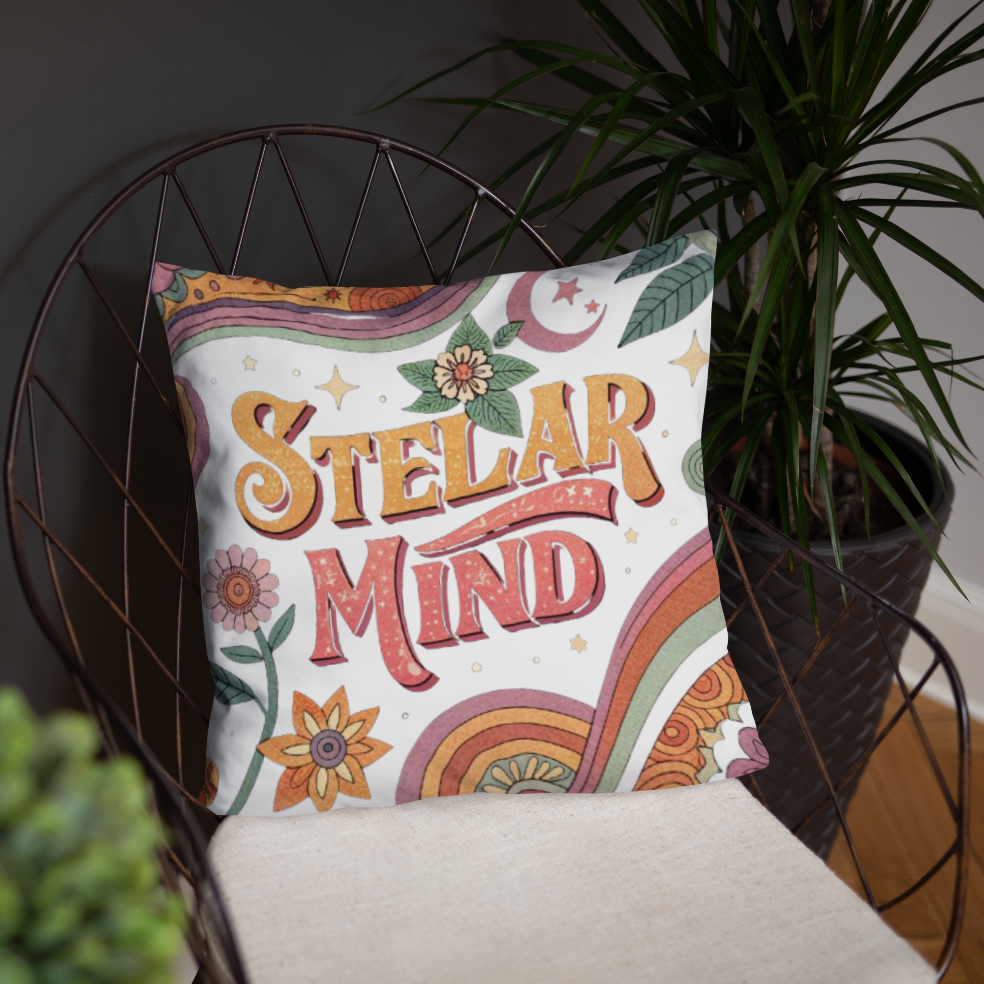 Stellar Mind Throw Pillow – Retro Psychedelic Typography Design | Boho Celestial & Mindful Vibes Decor.
