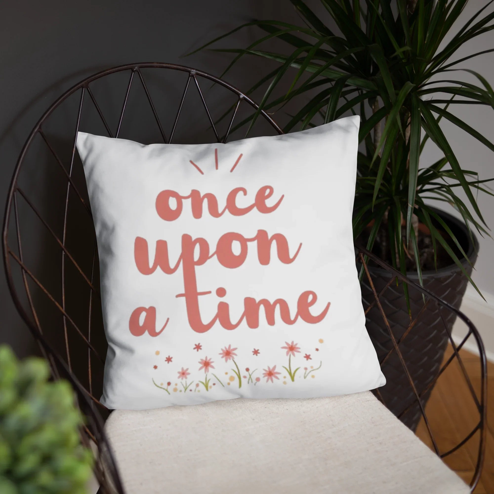 Once Upon a Time Throw Pillow – Whimsical Storybook Quote with Floral Design | Nursery & Reading Nook Decor - RaZits
