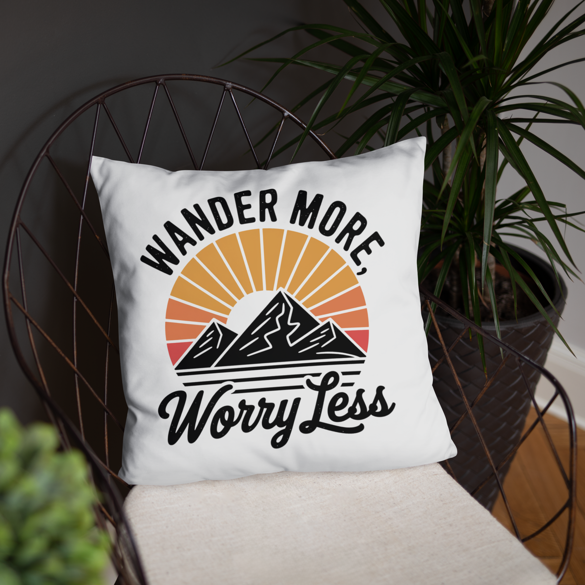 Wander More, Worry Less Throw Pillow – Mountain Sunrise Adventure Quote | Rustic Outdoor & Travel-Inspired Decor.