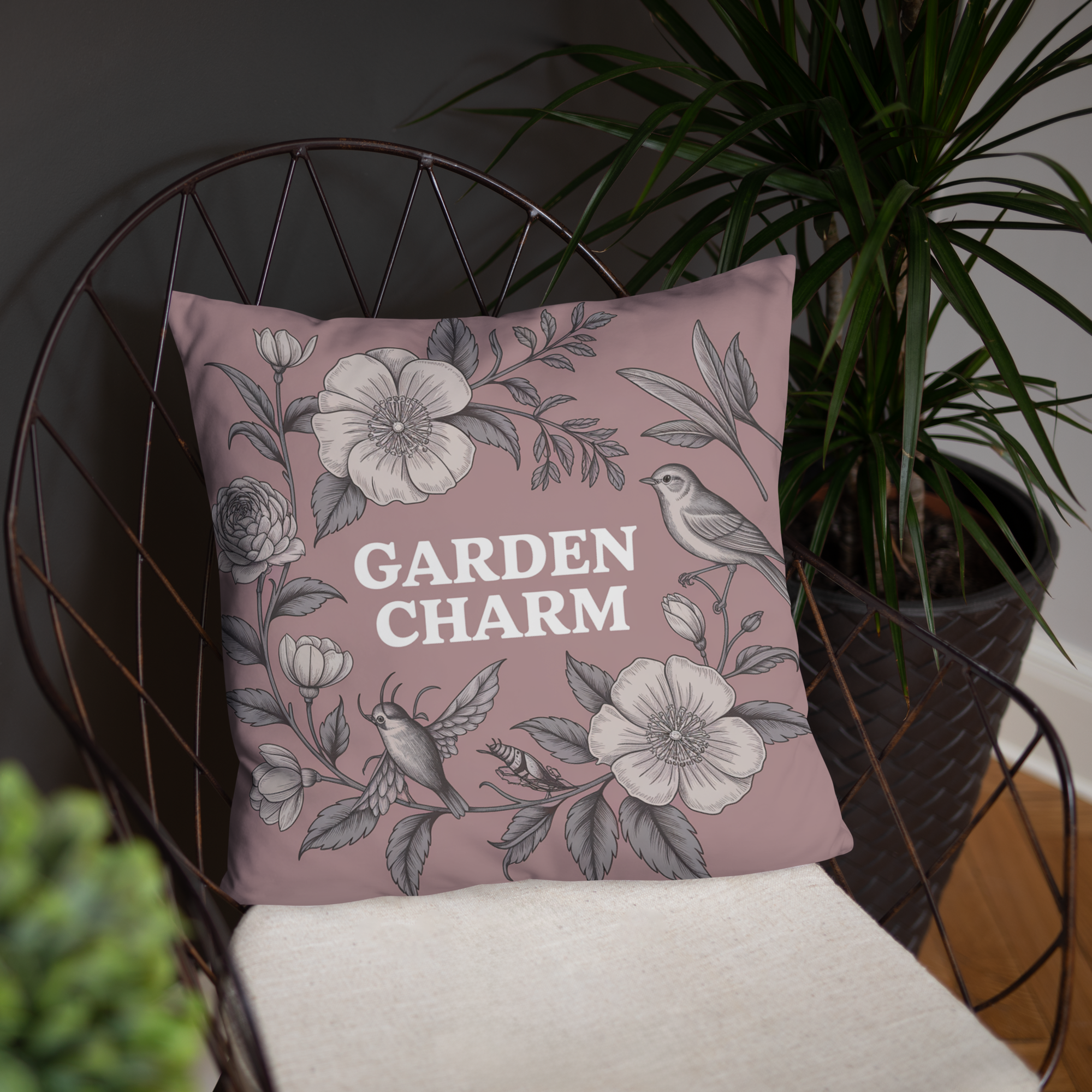 Garden Charm Throw Pillow – Vintage Botanical Floral Design with Birds | Cottagecore & Romantic Nature-Inspired Decor.