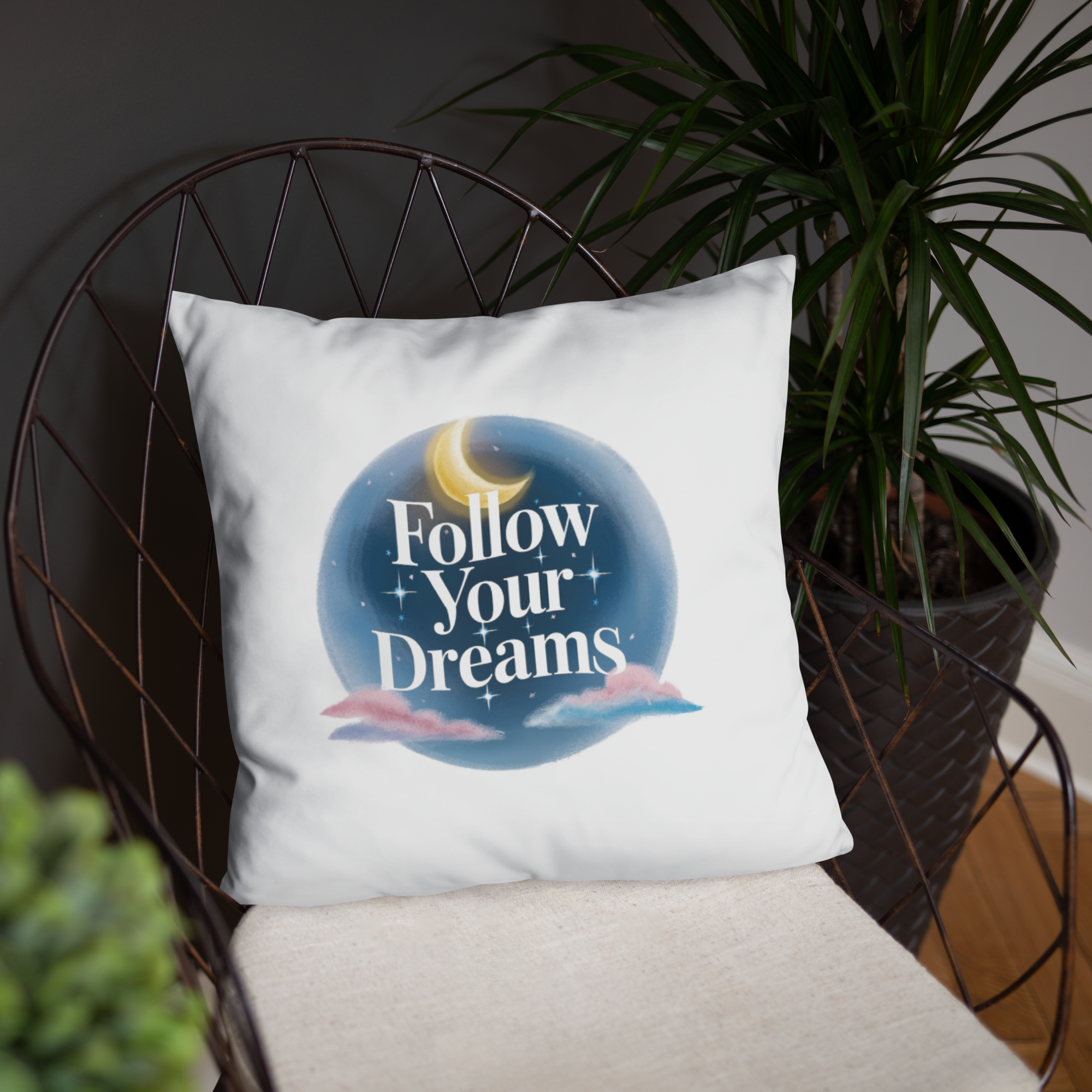Follow Your Dreams Pillow – Celestial Quote Cushion.