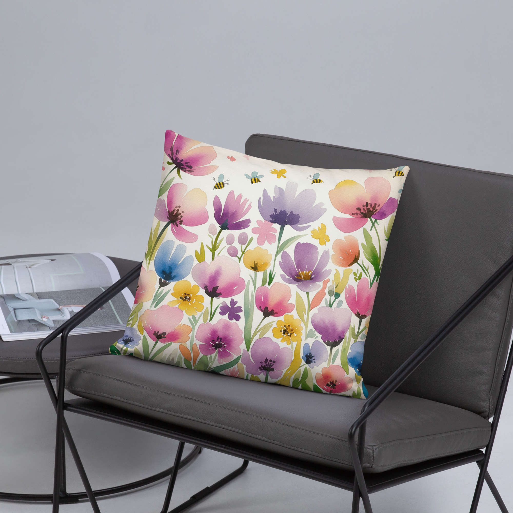 Watercolor Wildflower Throw Pillow – Colorful Floral & Bee Design | Spring & Cottagecore Inspired Decor.