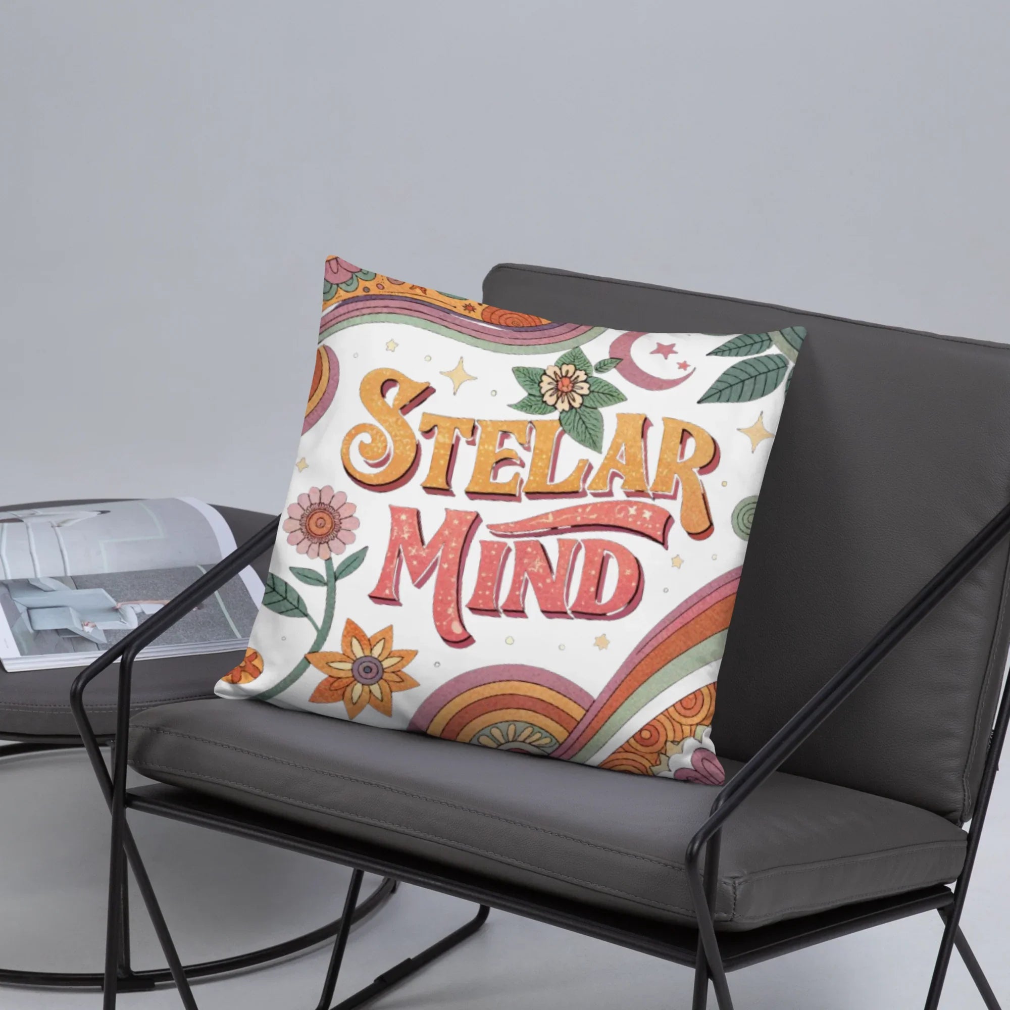 Stellar Mind Throw Pillow – Retro Psychedelic Typography Design | Boho Celestial & Mindful Vibes Decor - RaZits