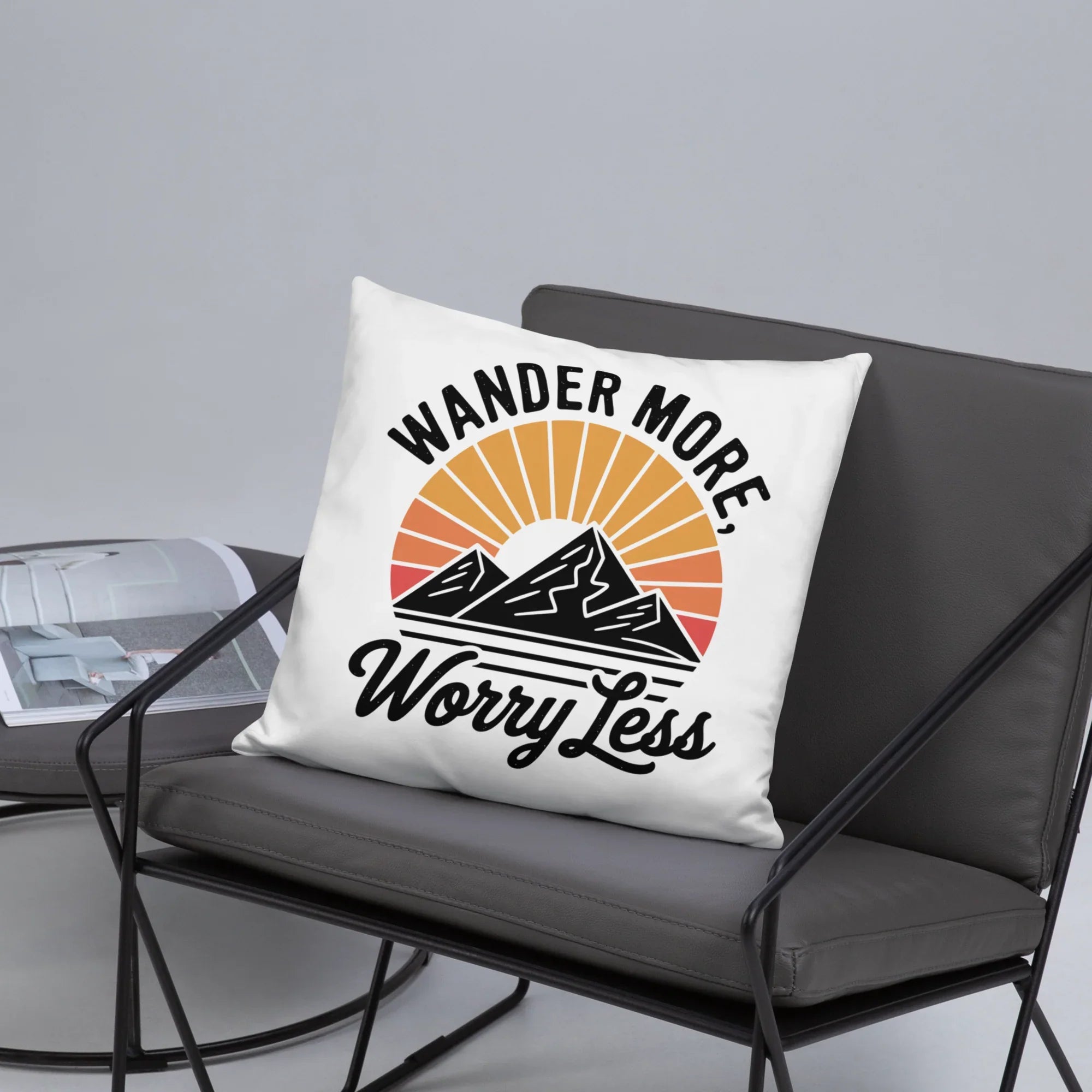 Wander More, Worry Less Throw Pillow – Mountain Sunrise Adventure Quote | Rustic Outdoor & Travel-Inspired Decor - RaZits
