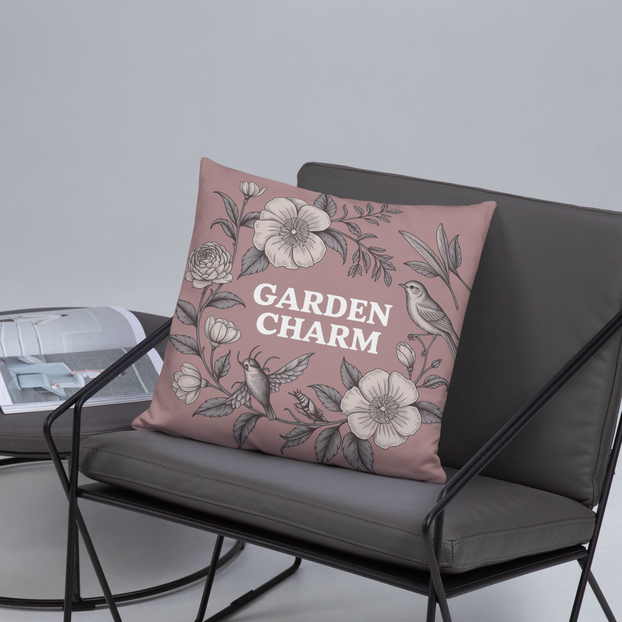 Garden Charm Throw Pillow – Vintage Botanical Floral Design with Birds | Cottagecore & Romantic Nature-Inspired Decor.