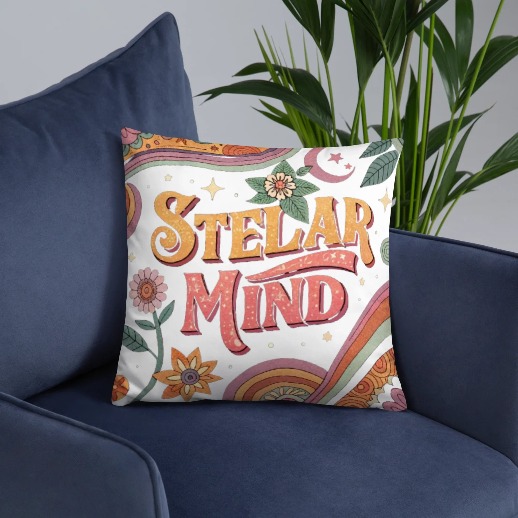 Stellar Mind Throw Pillow – Retro Psychedelic Typography Design | Boho Celestial & Mindful Vibes Decor - RaZits