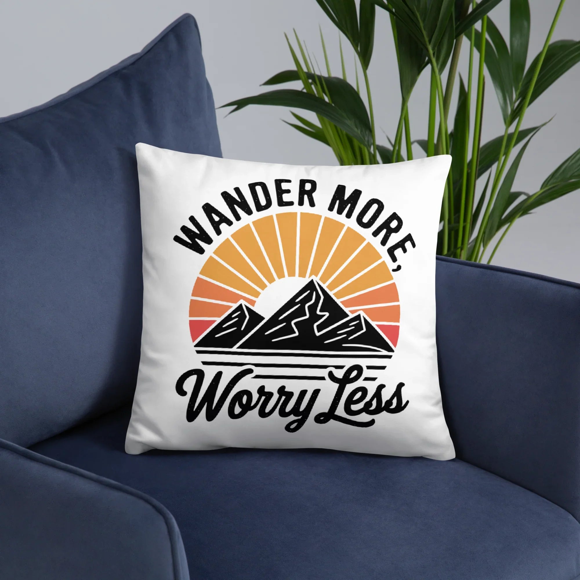 Wander More, Worry Less Throw Pillow – Mountain Sunrise Adventure Quote | Rustic Outdoor & Travel-Inspired Decor - RaZits