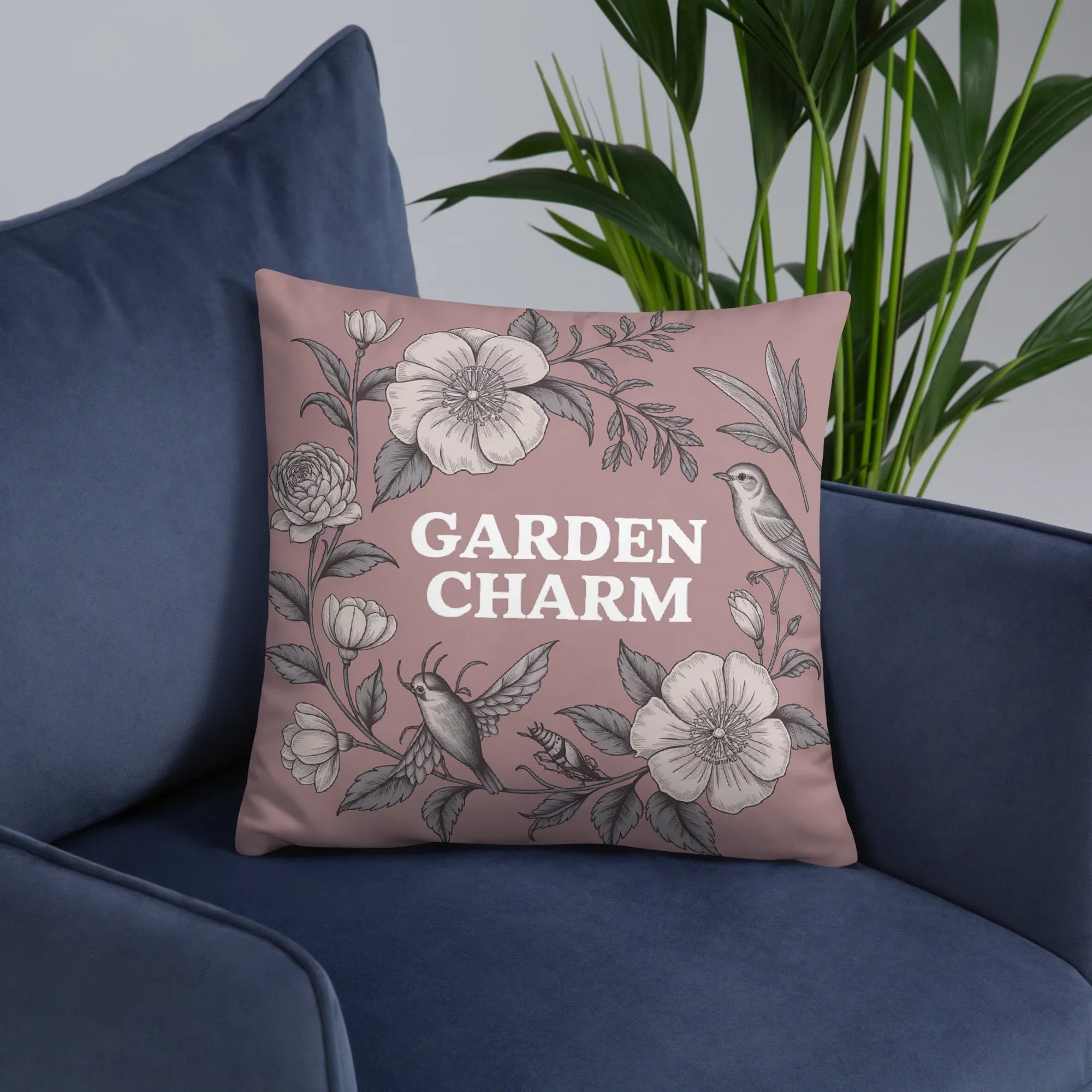 Garden Charm Throw Pillow – Vintage Botanical Floral Design with Birds | Cottagecore & Romantic Nature-Inspired Decor - RaZits