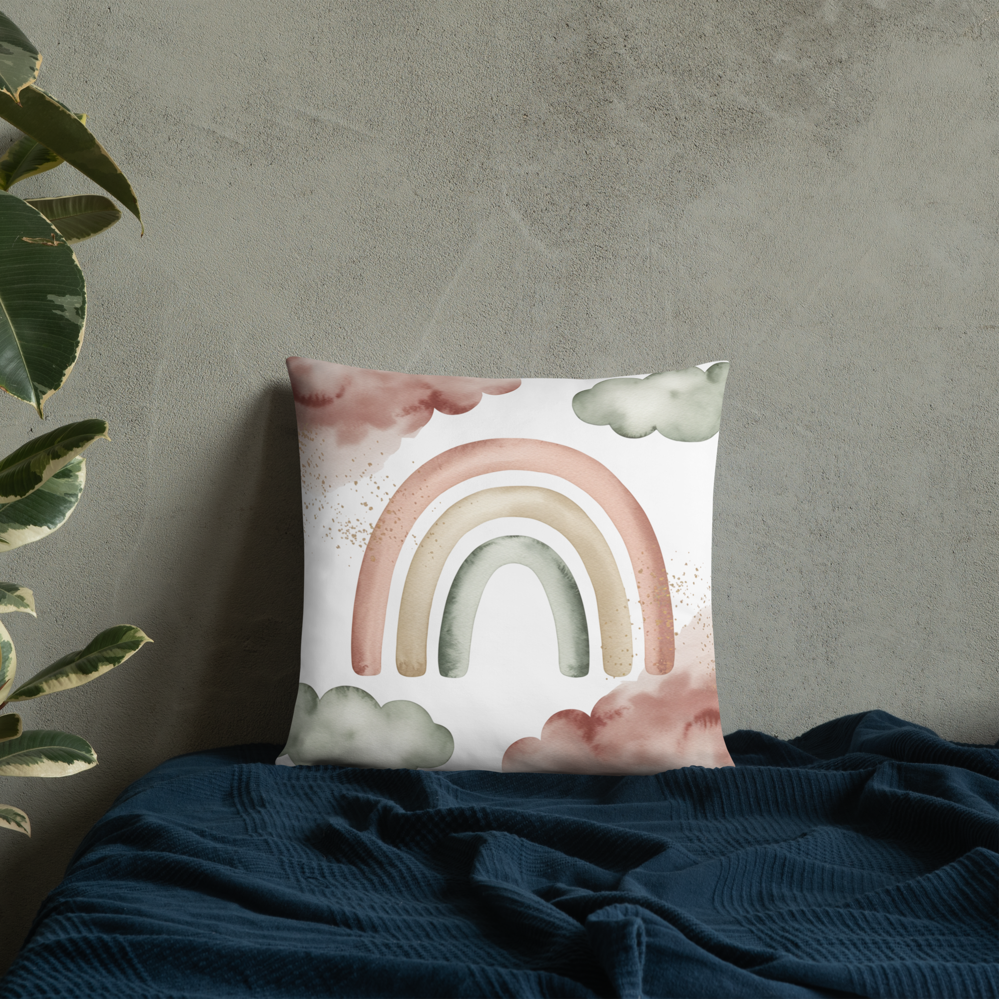 Boho Rainbow Throw Pillow – Pastel Watercolor Clouds & Neutral Tones | Nursery & Minimalist Home Decor.