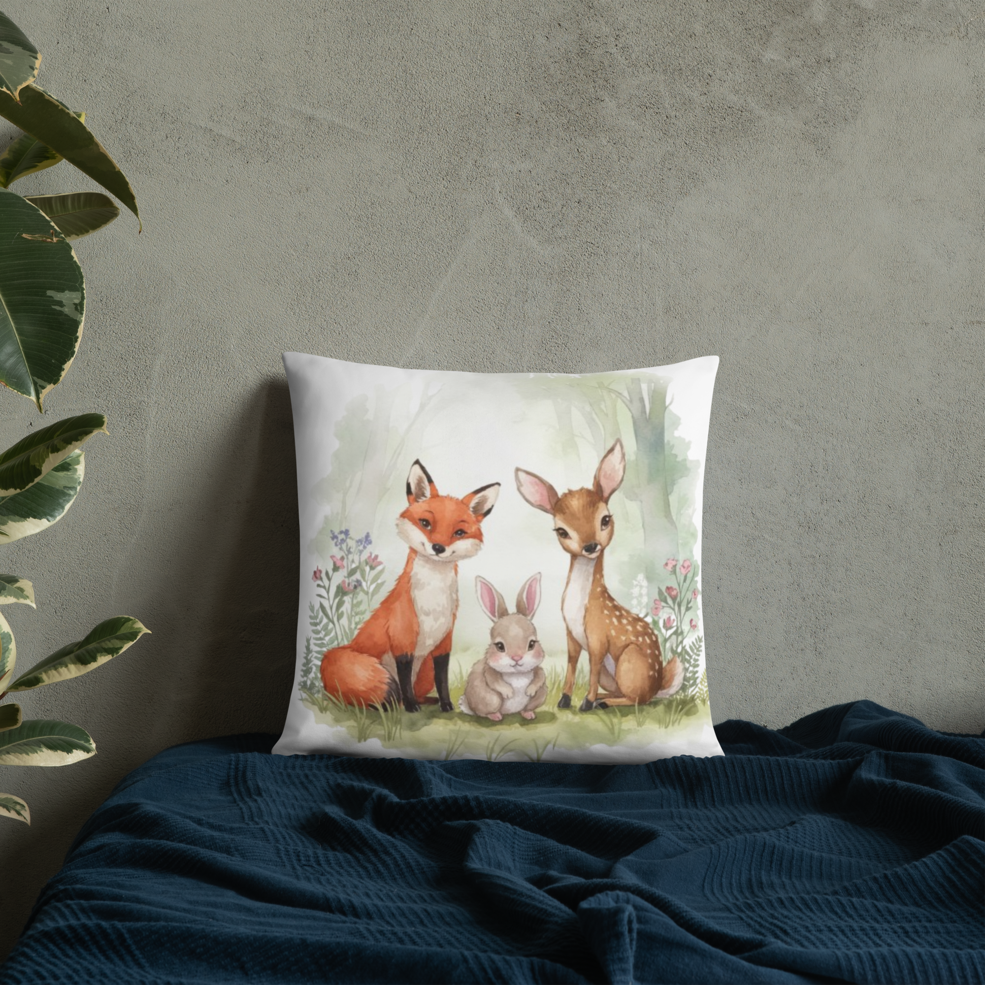 Woodland Animals Throw Pillow – Fox, Bunny & Deer Watercolor Design | Nursery Decor & Forest Friends Cushion.