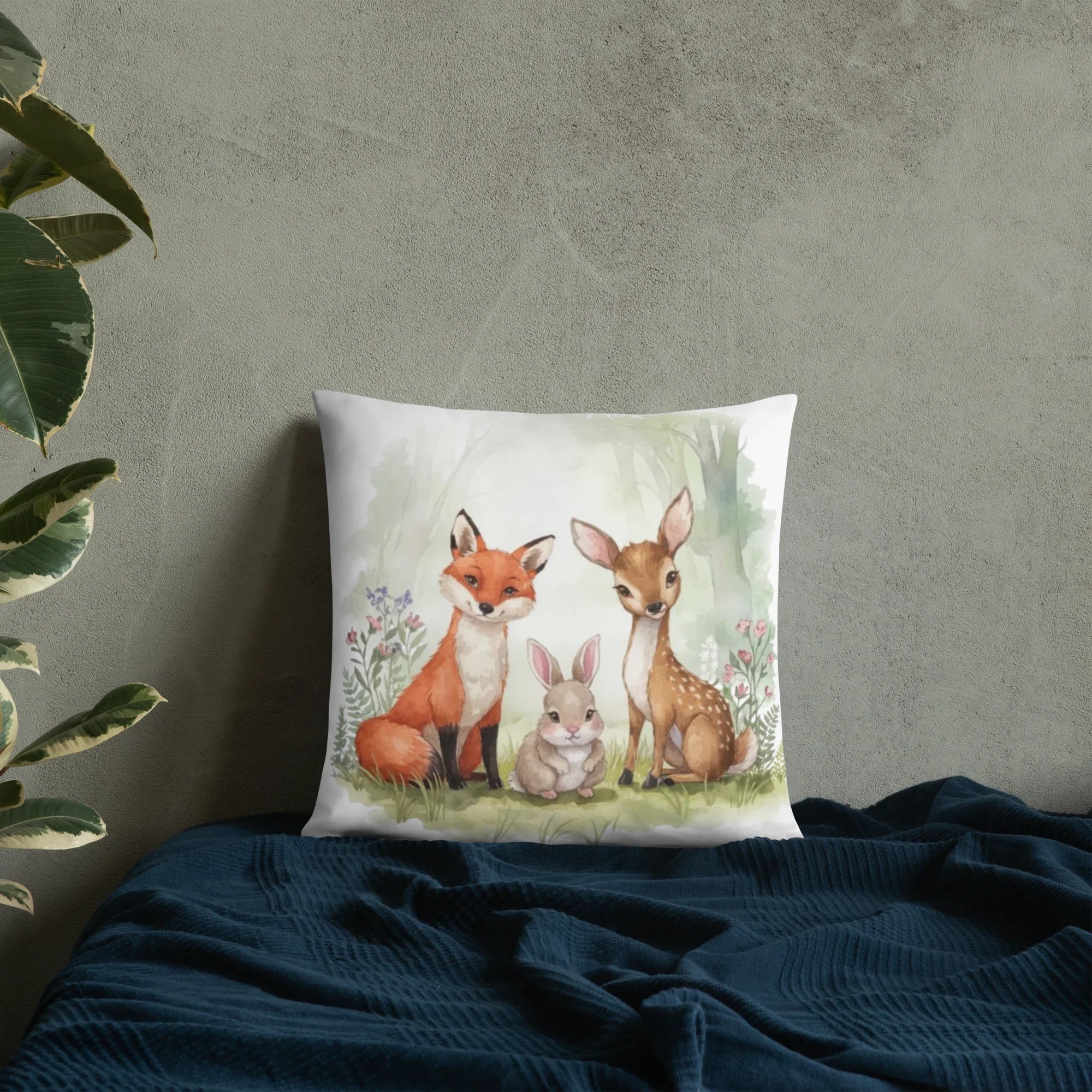 Woodland Animals Throw Pillow – Fox, Bunny & Deer Watercolor Design | Nursery Decor & Forest Friends Cushion - RaZits