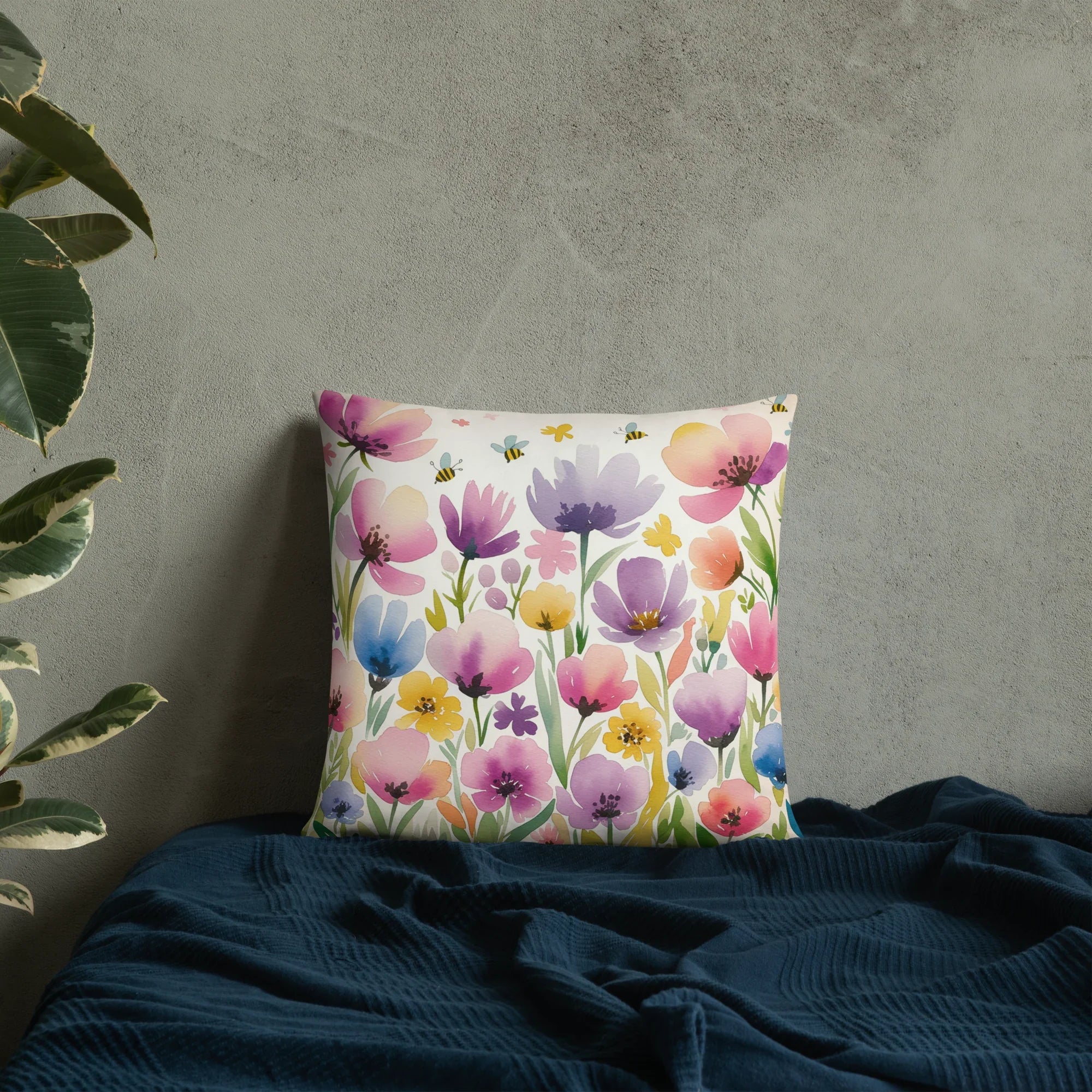 Watercolor Wildflower Throw Pillow – Colorful Floral & Bee Design | Spring & Cottagecore Inspired Decor - RaZits