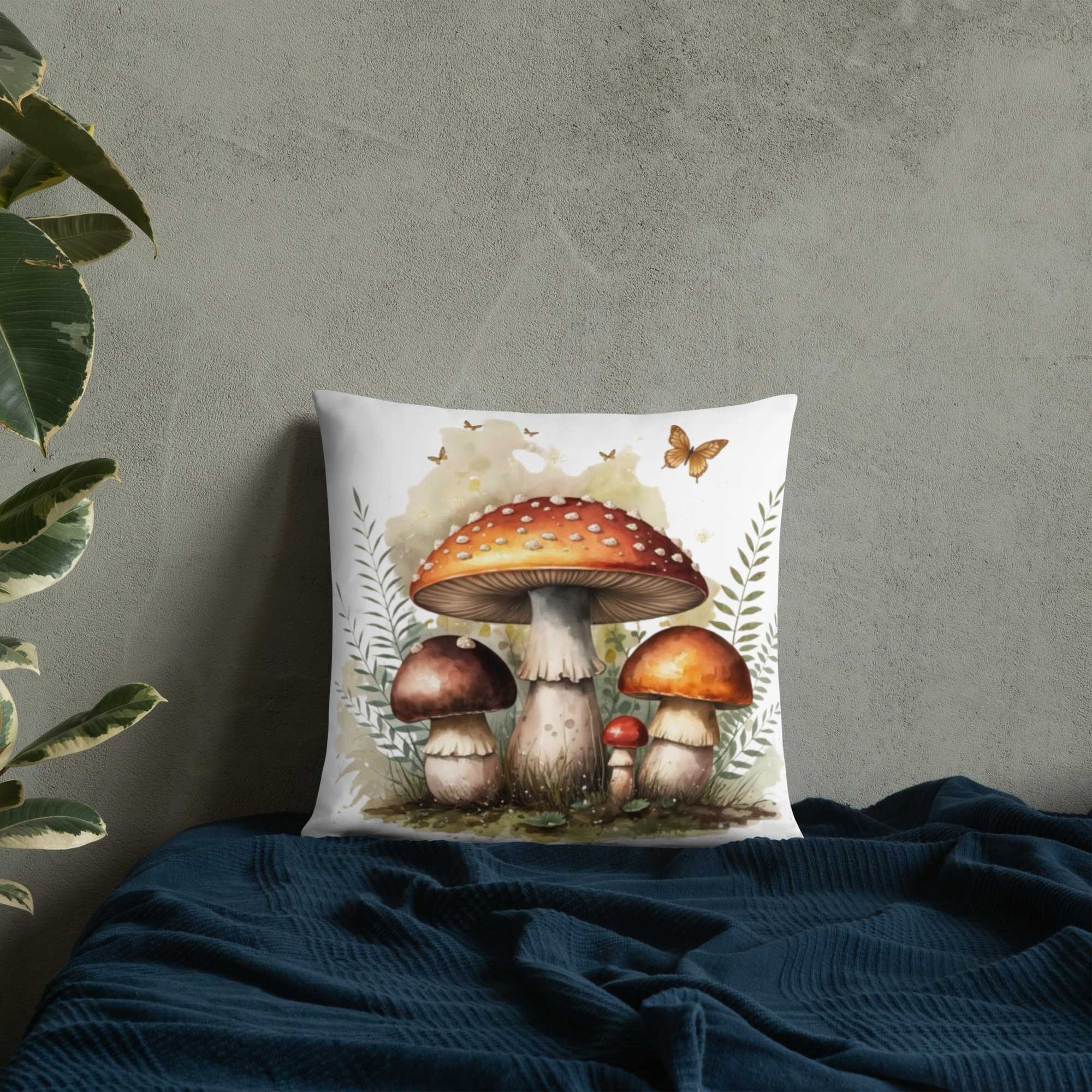 Woodland Mushroom Throw Pillow – Watercolor Toadstool & Fern Design | Cottagecore & Fairycore Forest Decor.