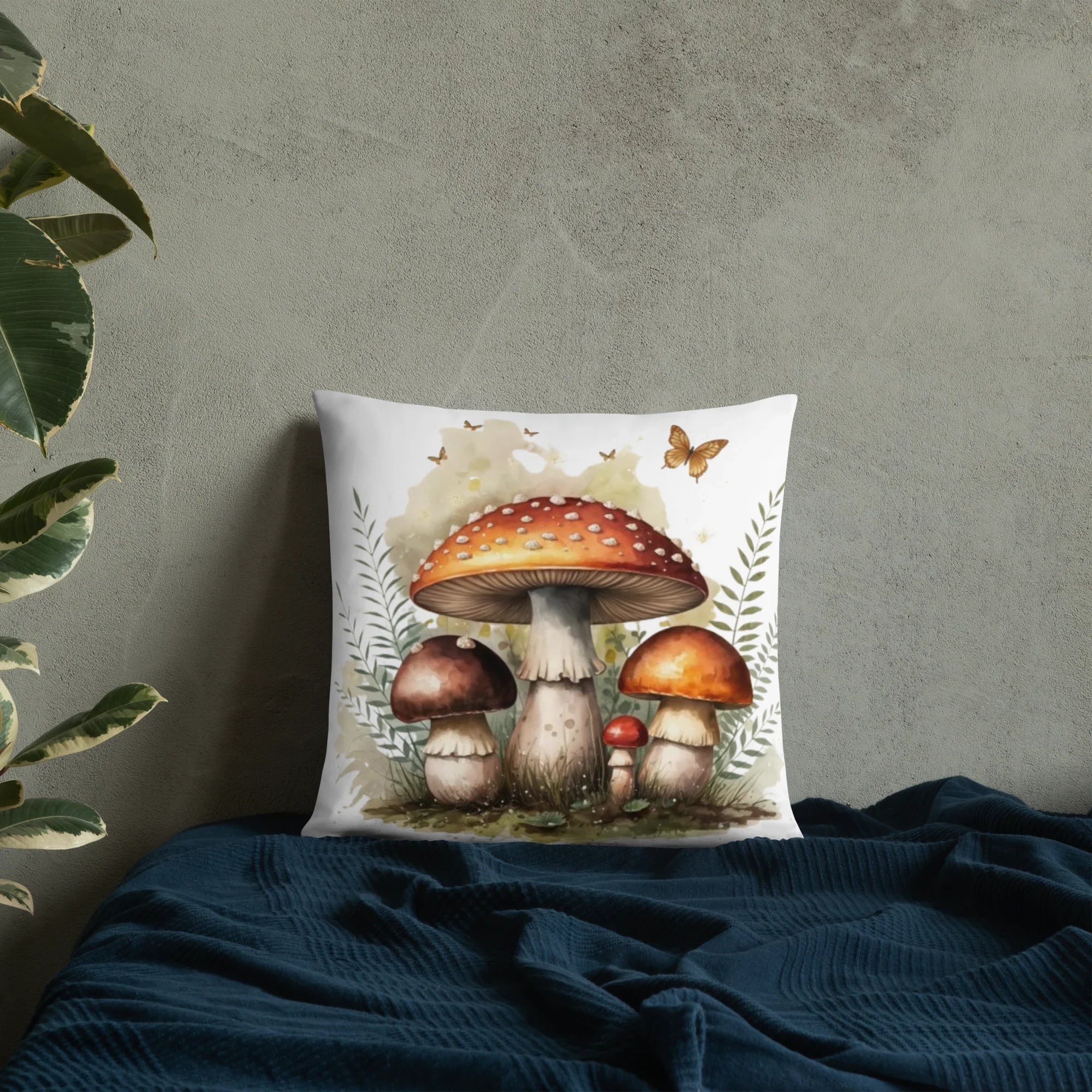 Woodland Mushroom Throw Pillow – Watercolor Toadstool & Fern Design | Cottagecore & Fairycore Forest Decor - RaZits