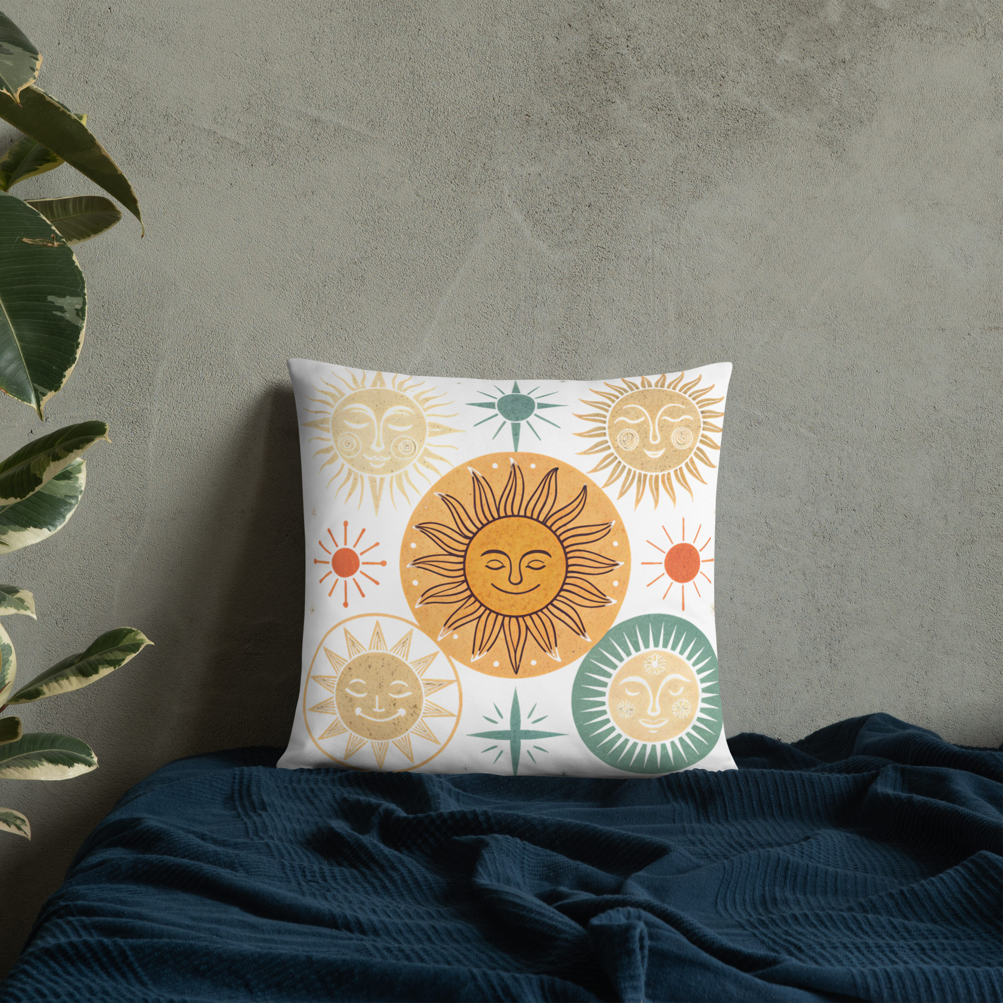 Celestial Sun Throw Pillow – Retro Boho Sun & Star Design | Mystical Astrology-Inspired Home Decor.