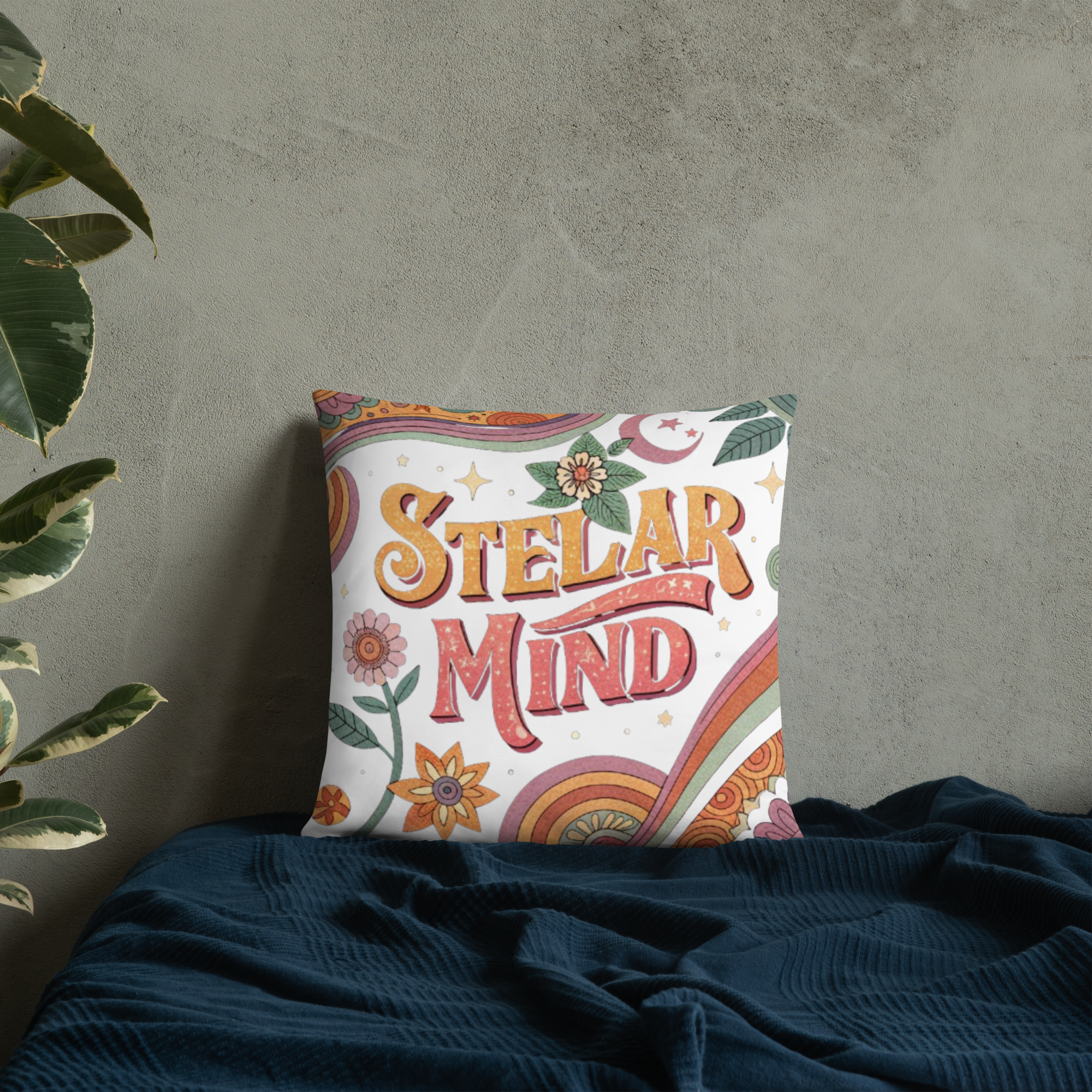 Stellar Mind Throw Pillow – Retro Psychedelic Typography Design | Boho Celestial & Mindful Vibes Decor.