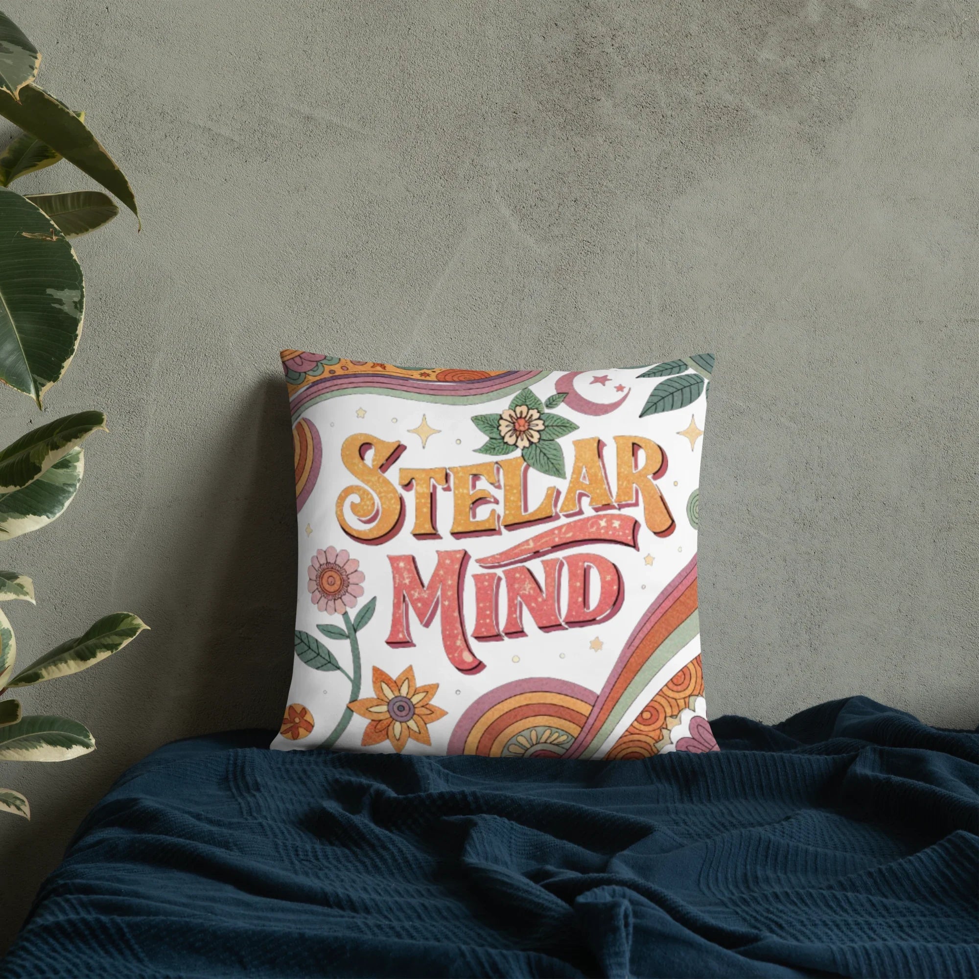 Stellar Mind Throw Pillow – Retro Psychedelic Typography Design | Boho Celestial & Mindful Vibes Decor - RaZits