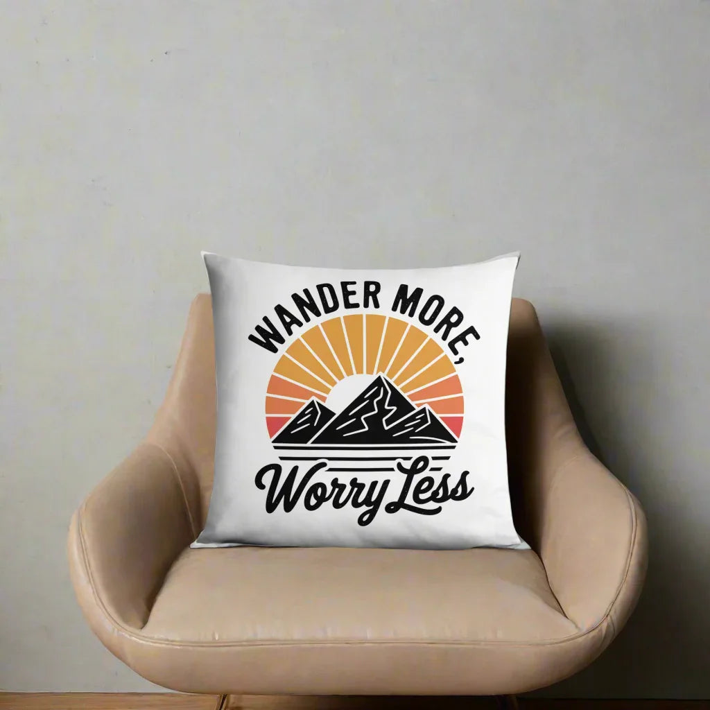Wander More, Worry Less Throw Pillow – Mountain Sunrise Adventure Quote | Rustic Outdoor & Travel-Inspired Decor - RaZits