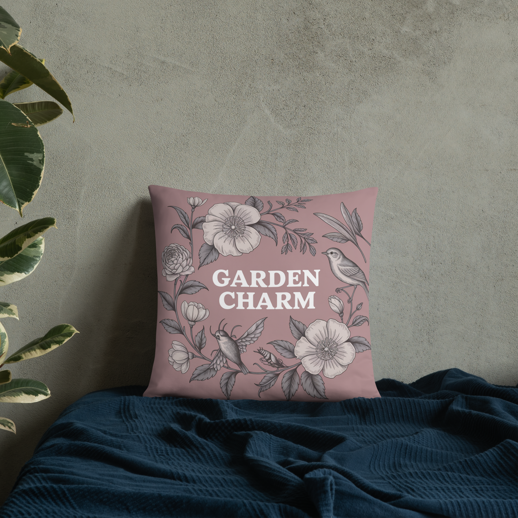Garden Charm Throw Pillow – Vintage Botanical Floral Design with Birds | Cottagecore & Romantic Nature-Inspired Decor.