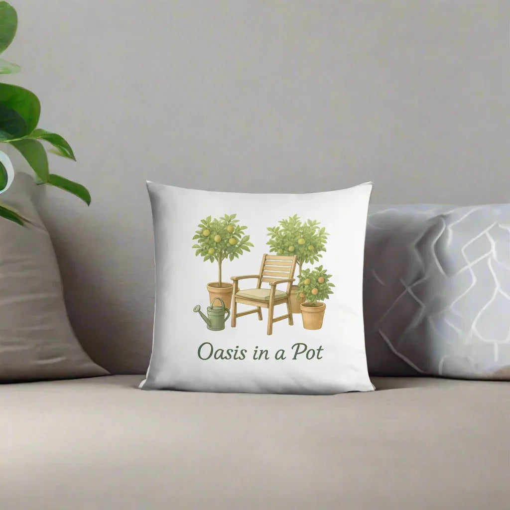 Oasis in a Pot Throw Pillow – Potted Citrus Trees & Chair Illustration - RaZits