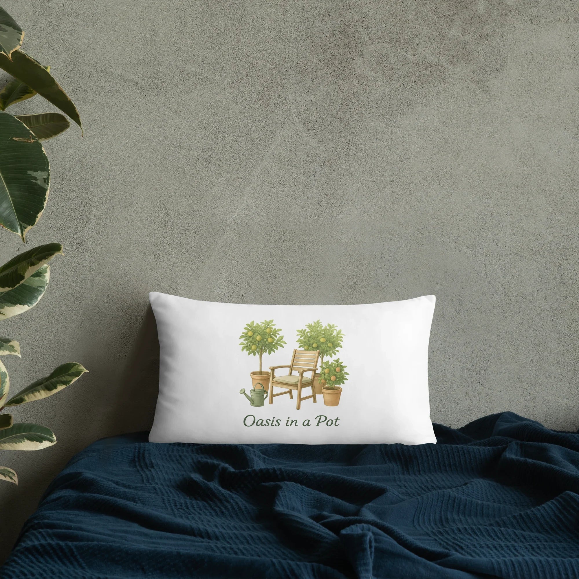 Oasis in a Pot Throw Pillow – Potted Citrus Trees & Chair Illustration - RaZits