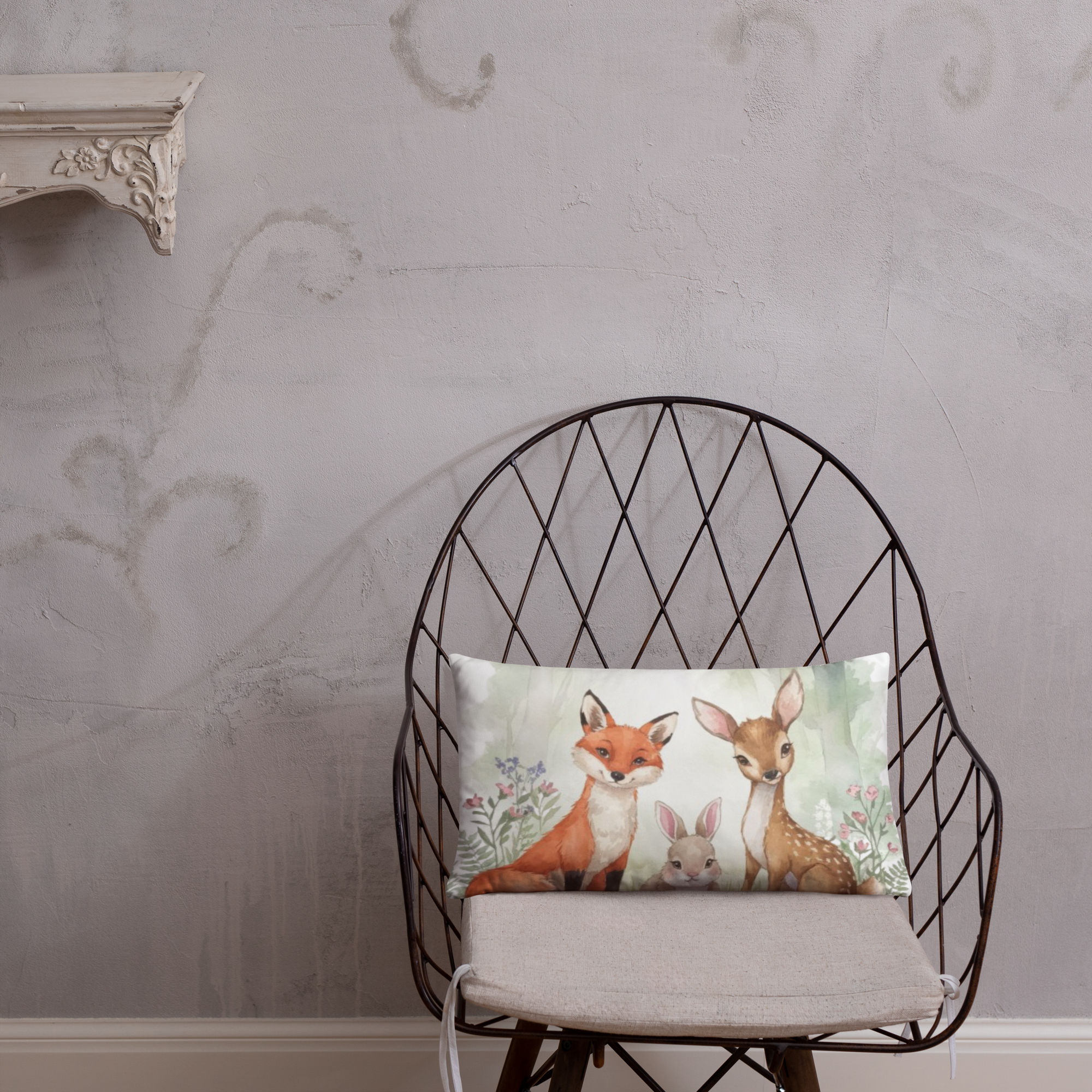 Woodland Animals Throw Pillow – Fox, Bunny & Deer Watercolor Design | Nursery Decor & Forest Friends Cushion.