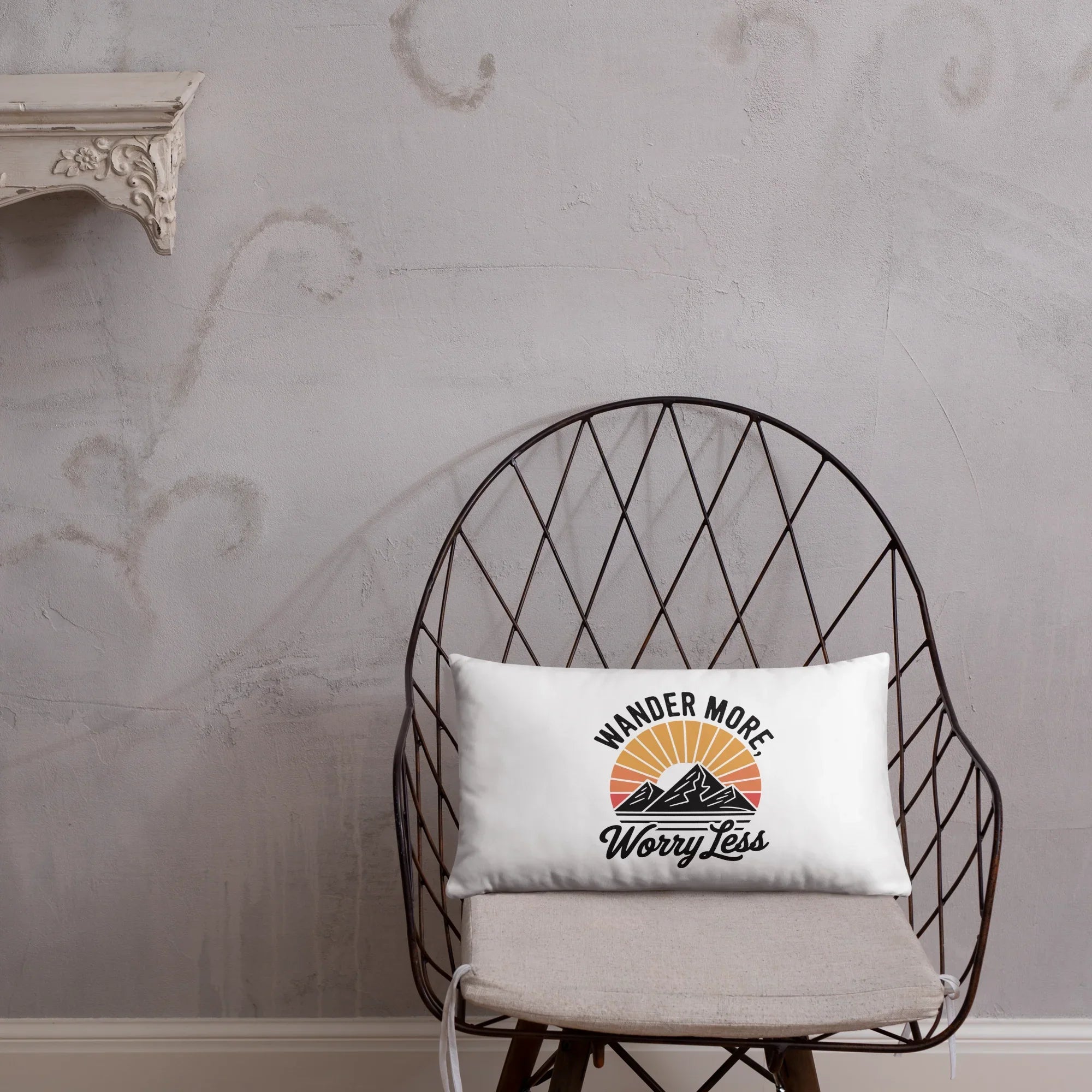 Wander More, Worry Less Throw Pillow – Mountain Sunrise Adventure Quote | Rustic Outdoor & Travel-Inspired Decor - RaZits
