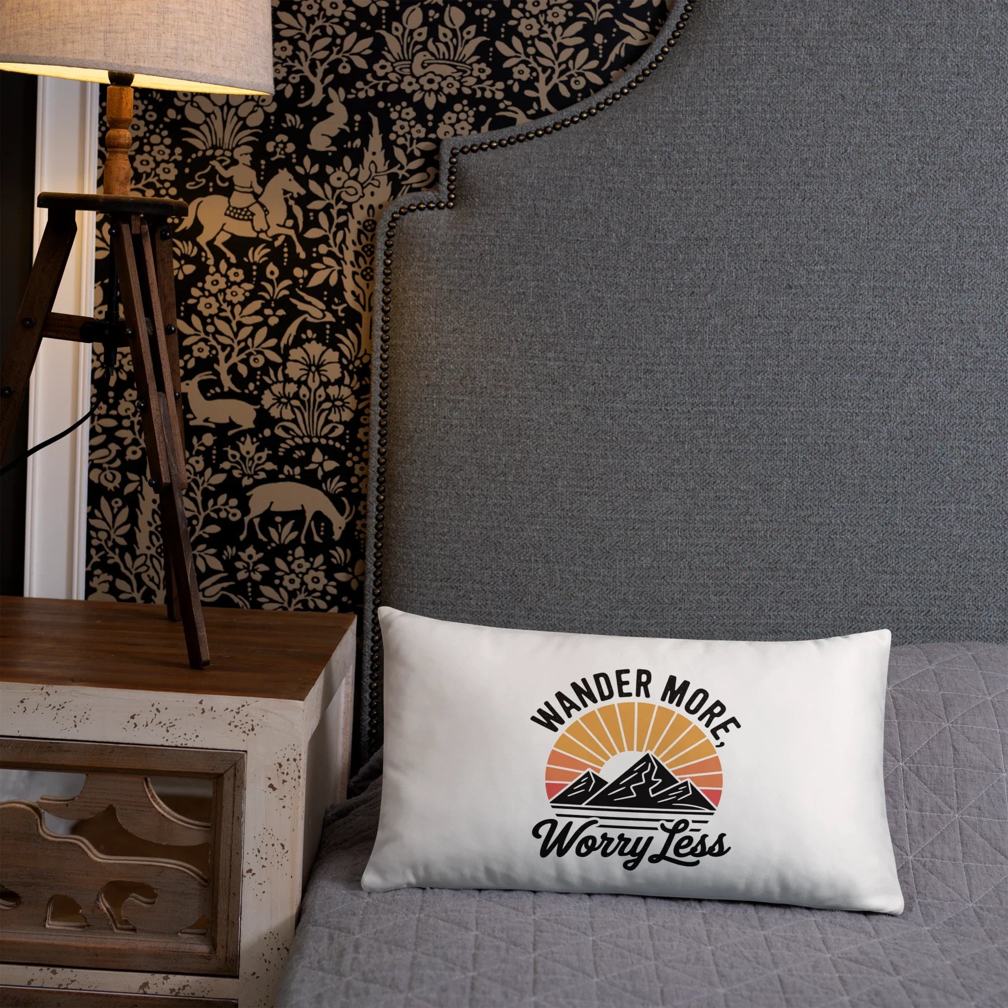 Wander More, Worry Less Throw Pillow – Mountain Sunrise Adventure Quote | Rustic Outdoor & Travel-Inspired Decor - RaZits