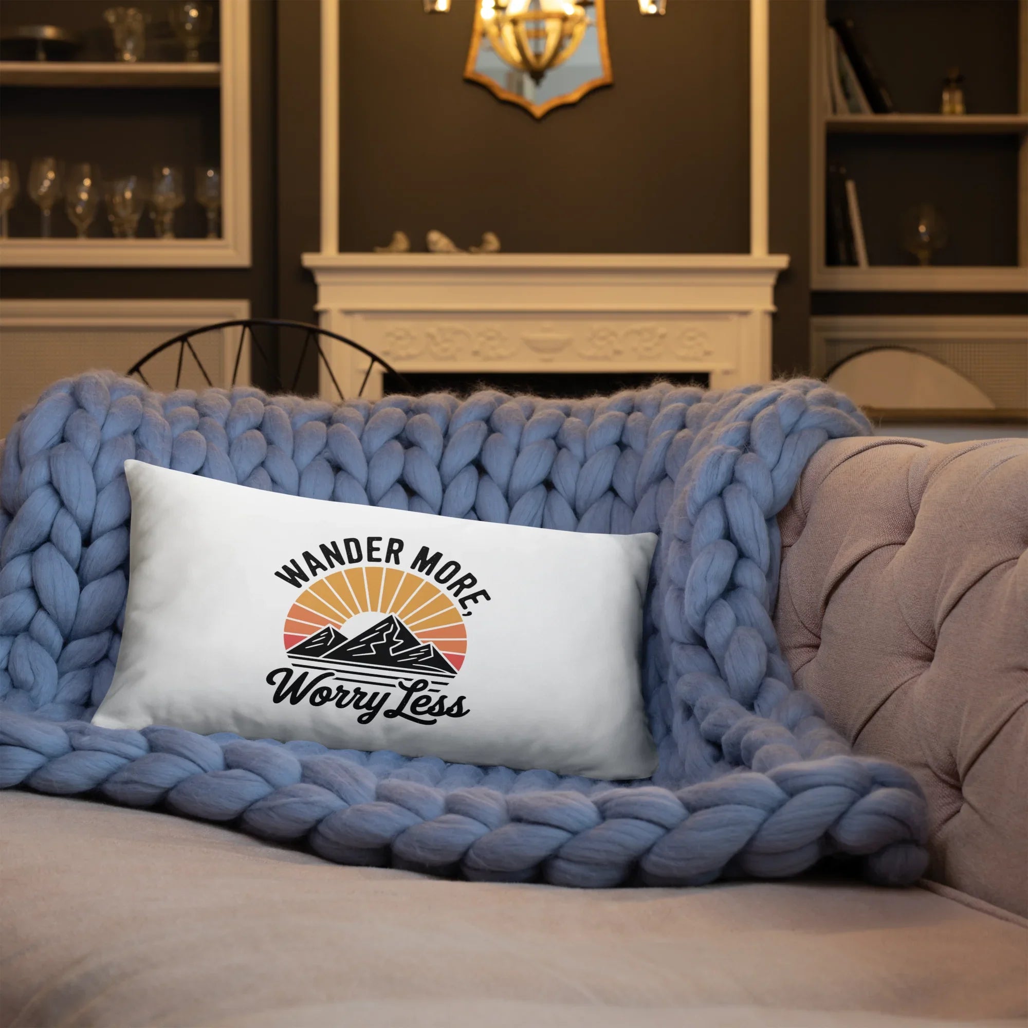 Wander More, Worry Less Throw Pillow – Mountain Sunrise Adventure Quote | Rustic Outdoor & Travel-Inspired Decor - RaZits