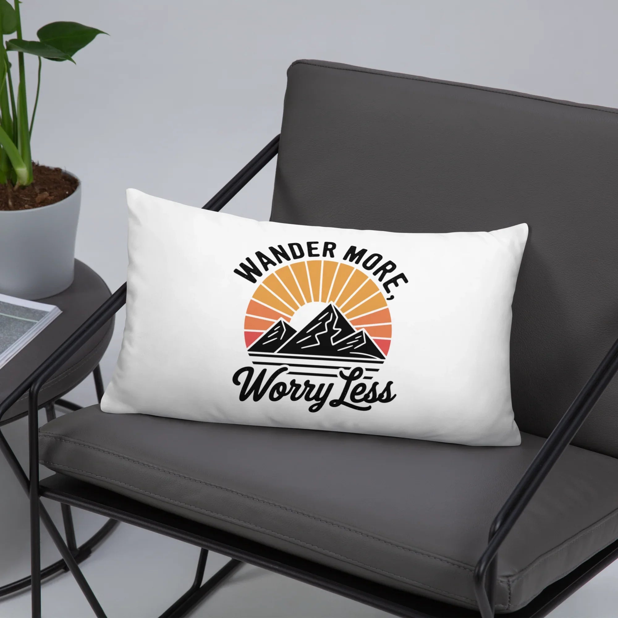 Wander More, Worry Less Throw Pillow – Mountain Sunrise Adventure Quote | Rustic Outdoor & Travel-Inspired Decor - RaZits