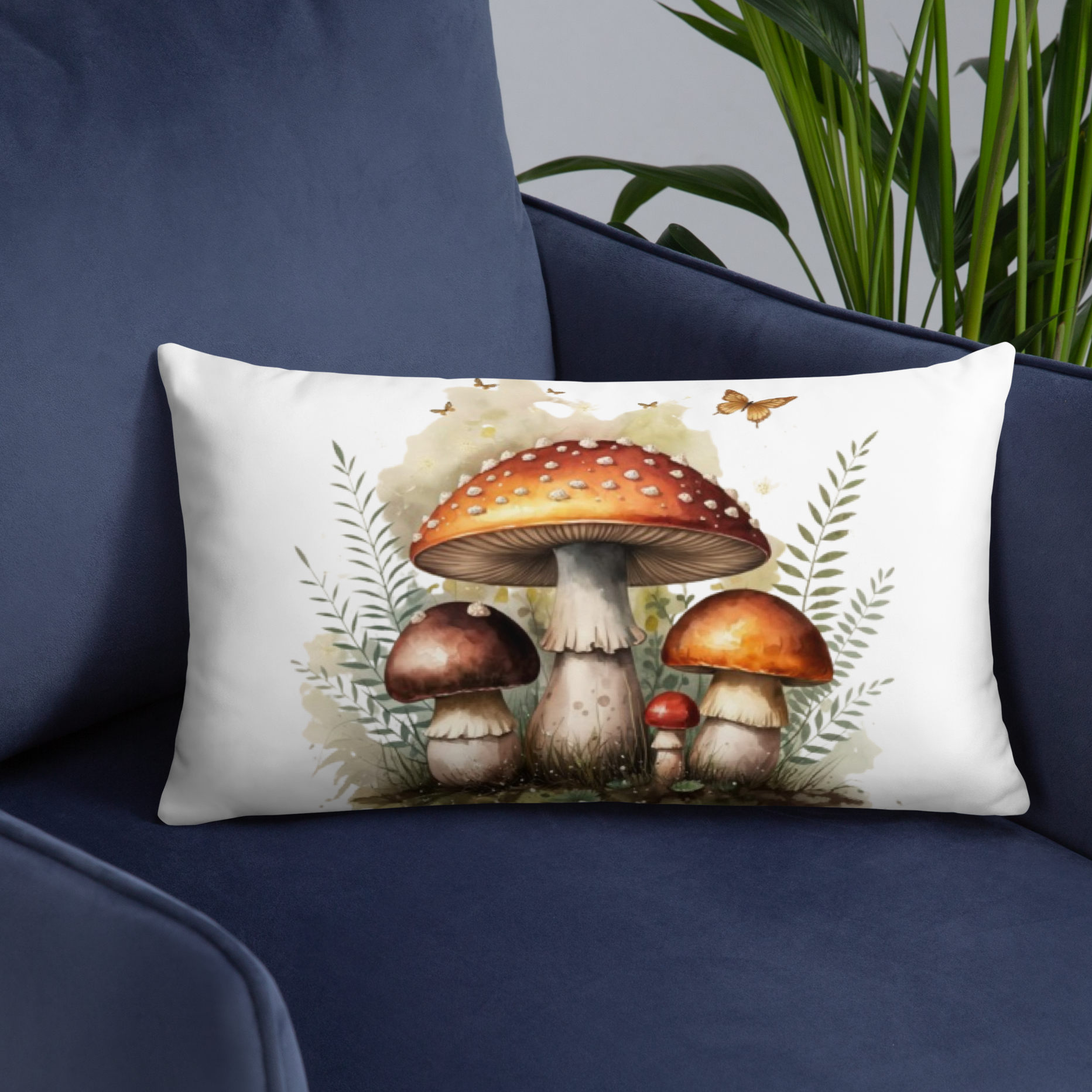 Woodland Mushroom Throw Pillow – Watercolor Toadstool & Fern Design | Cottagecore & Fairycore Forest Decor.