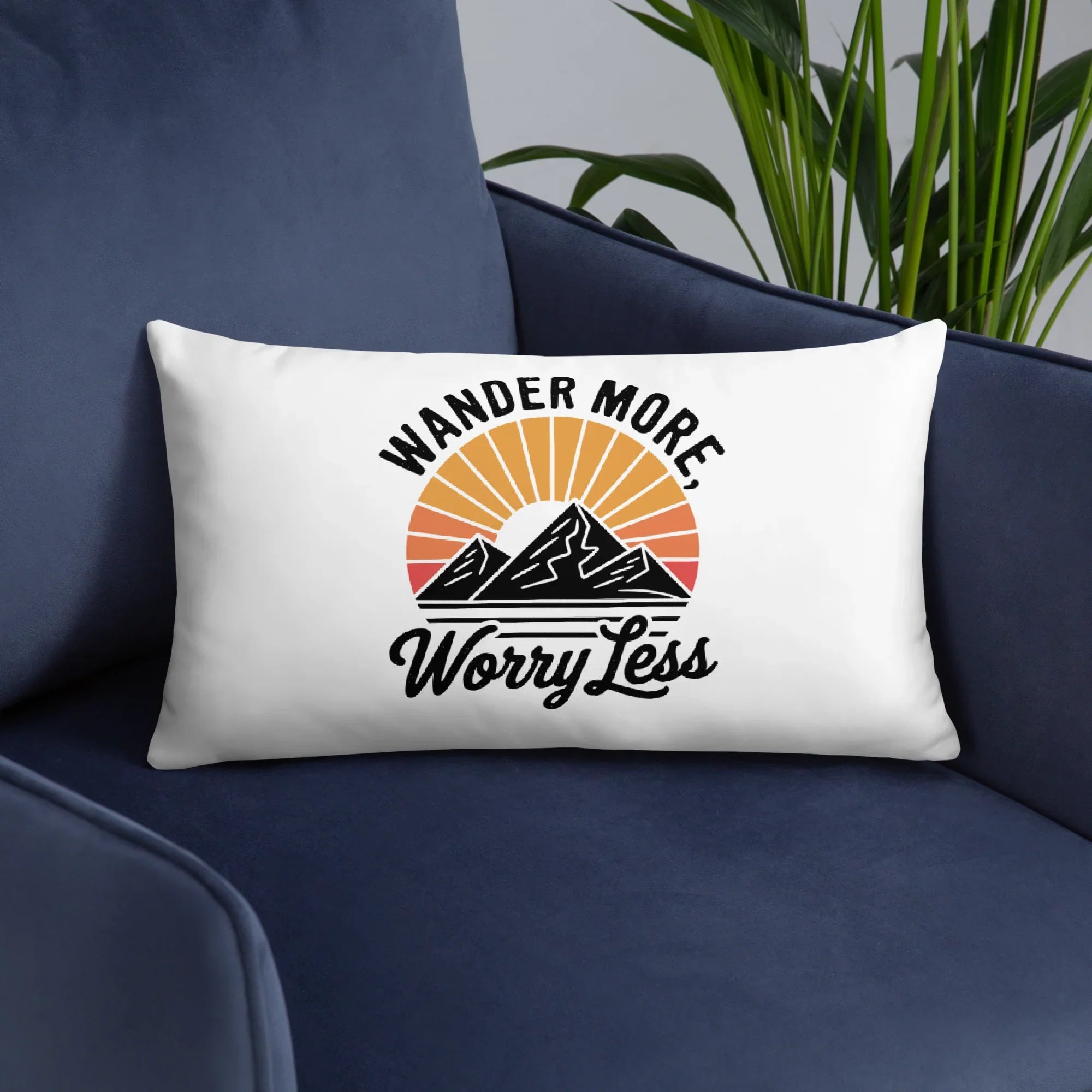 Wander More, Worry Less Throw Pillow – Mountain Sunrise Adventure Quote | Rustic Outdoor & Travel-Inspired Decor - RaZits
