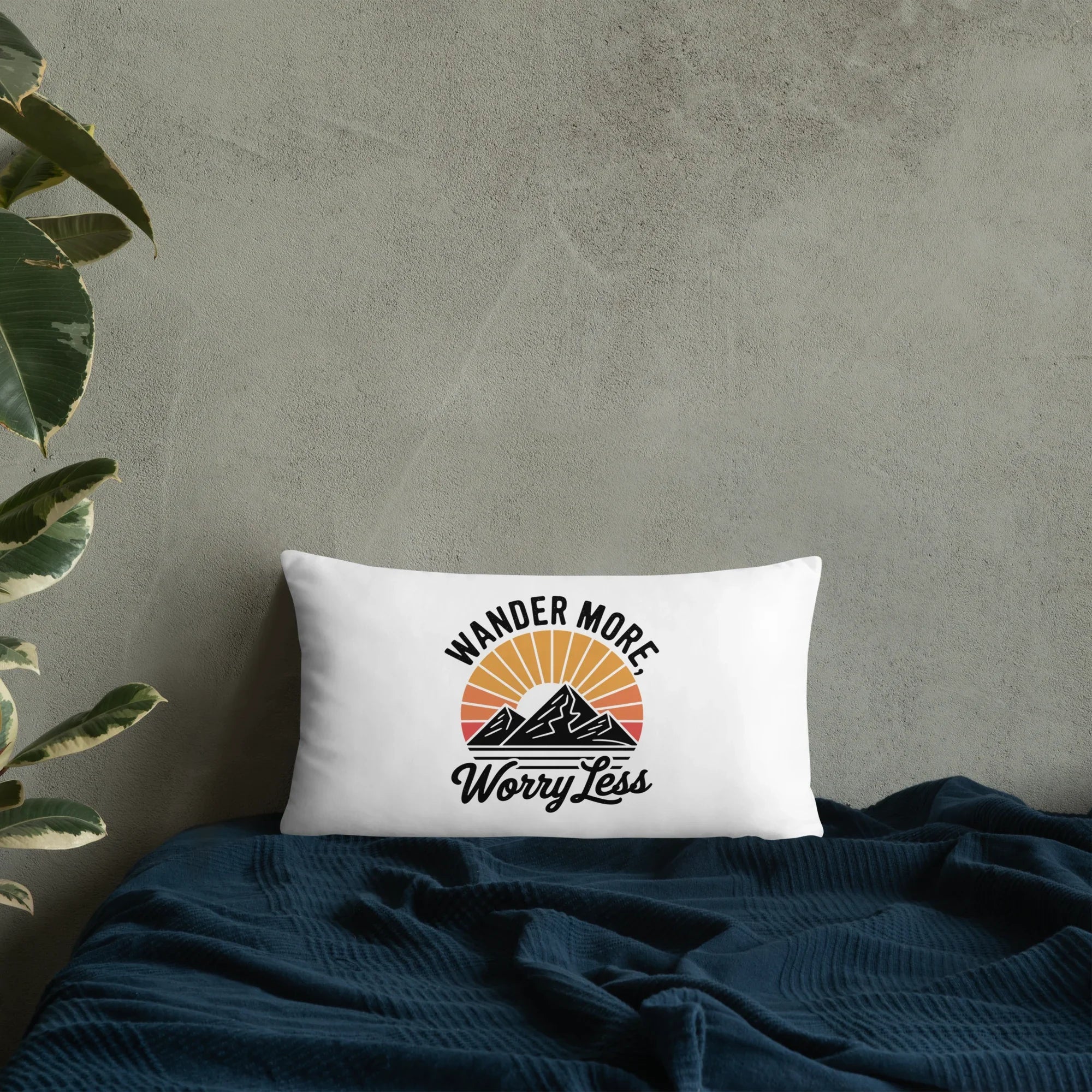 Wander More, Worry Less Throw Pillow – Mountain Sunrise Adventure Quote | Rustic Outdoor & Travel-Inspired Decor - RaZits